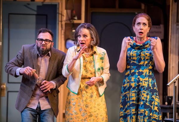 Nathan Keepers (Lloyd Dallas), Sally Wingert (Dotty Otley/Mrs. Clackett) and Laura Jordan (Belinda Blair/Flavia) in the Guthrie Theater&#xed;s product