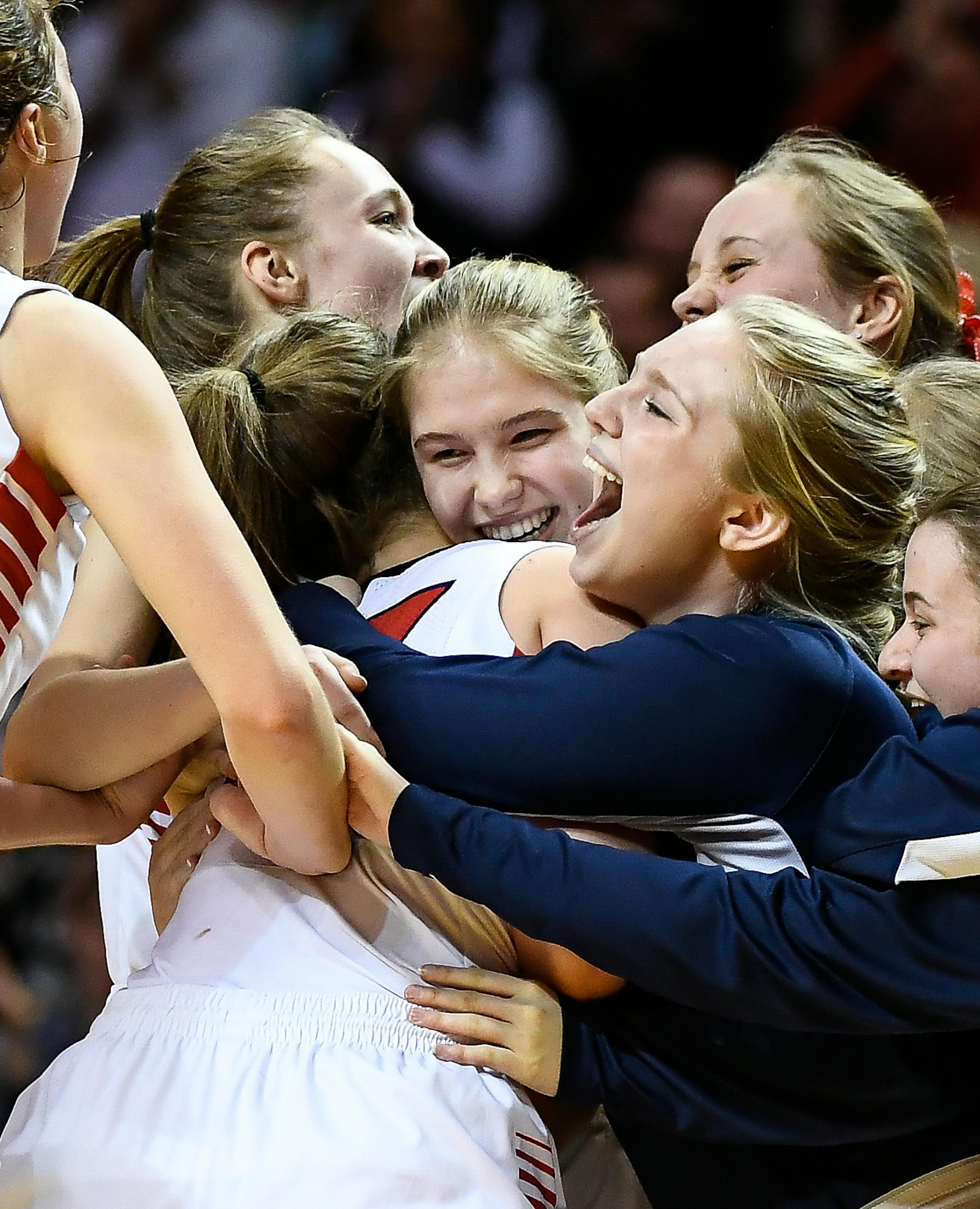 Orono celebrated their 65-47 victory over Winona in the Class 3A girls' championship game. ] AARON LAVINSKY ï aaron.lavinsky@startribune.com Winona played Orono in the Class 3A girls' basketball championship game on Saturday, March 18, 2017 at Williams Arena in Minneapolis, Minn.
