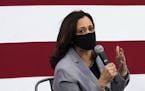Democratic vice presidential candidate Sen. Kamala Harris, D-Calif., speaks at a roundtable discussion during a campaign visit in Raleigh, N.C., Monda