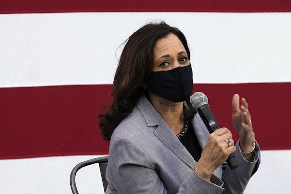Democratic vice presidential candidate Sen. Kamala Harris, D-Calif., speaks at a roundtable discussion during a campaign visit in Raleigh, N.C., Monda