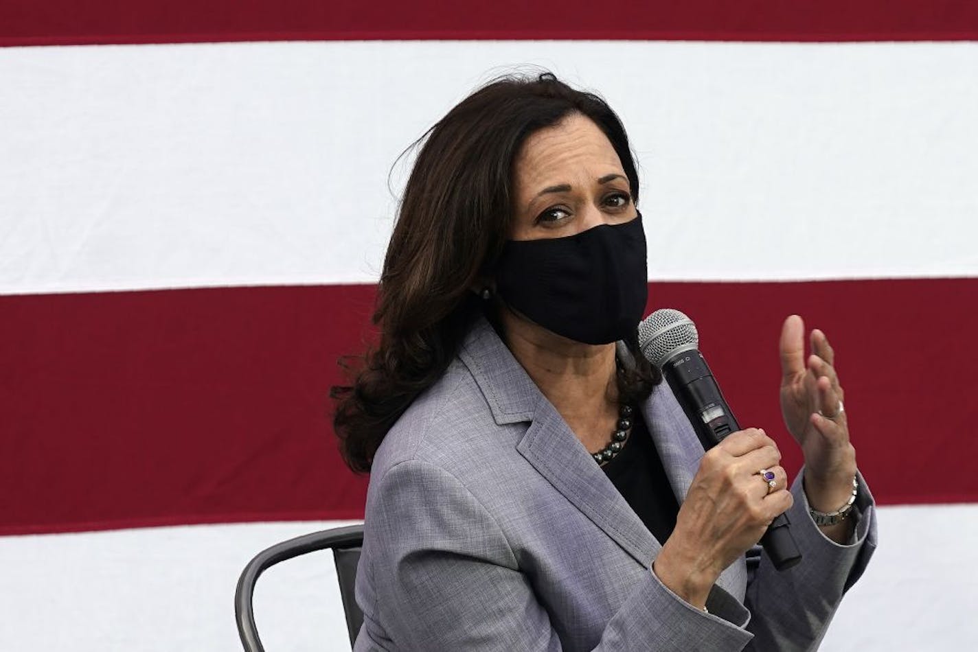 Democratic vice presidential candidate Sen. Kamala Harris, D-Calif., speaks at a roundtable discussion during a campaign visit in Raleigh, N.C., Monday, Sept. 28, 2020.