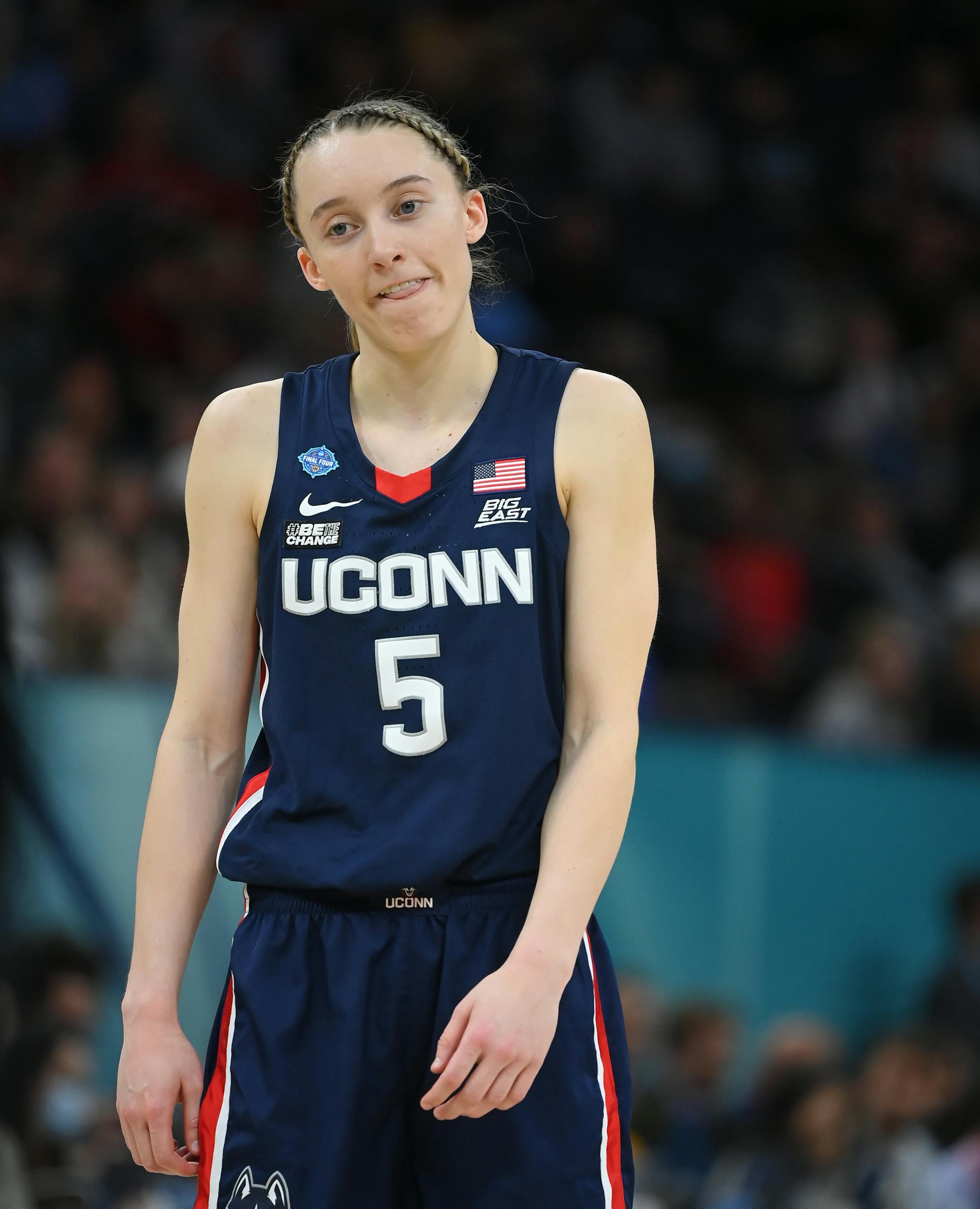 UConn guard Paige Bueckers (5) reacts during the championship game.