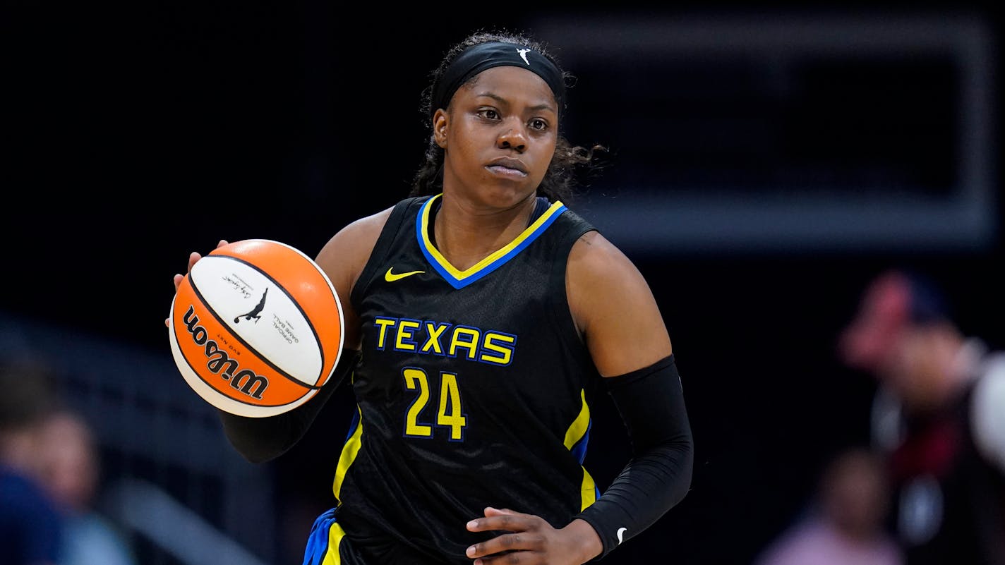 Dallas Wings guard Arike Ogunbowale (24) plays against the Indiana Fever in the second half of a WNBA basketball game in Indianapolis, Sunday, July 24, 2022. The Wings defeated the Fever 96-86. (AP Photo/