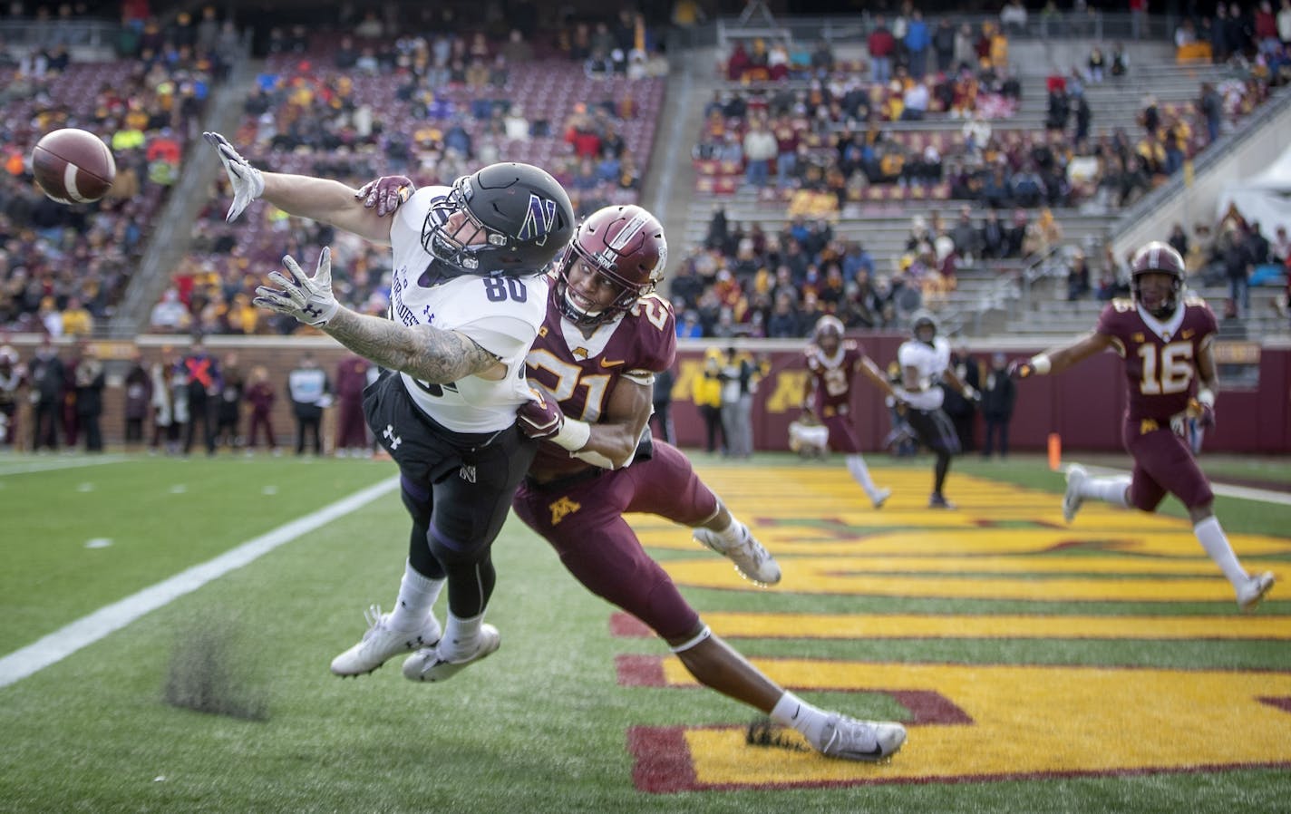 Minnesota linebacker Kamal Martin interfered with a a pass intended for Northwestern's wide receiver Trey Pugh in the end zone during the first quarter Saturday.