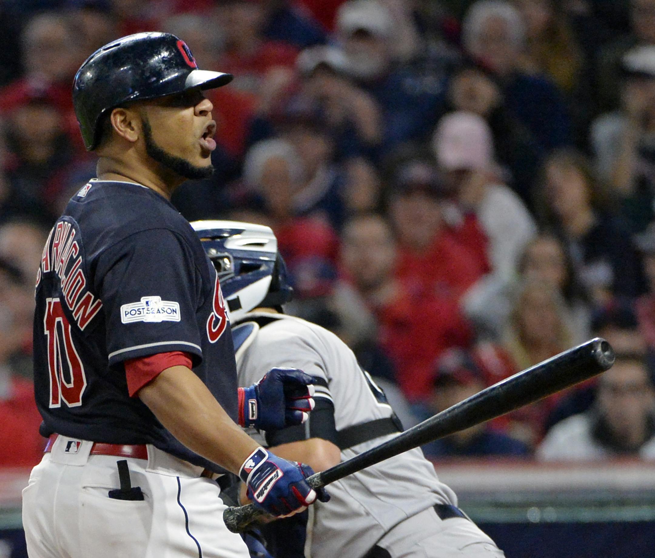 Cleveland Indians' Edwin Encarnacion reacts after striking out against New York Yankees starting pitcher CC Sabathia during the fourth inning of Game 5 of a baseball American League Division Series, Wednesday, Oct. 11, 2017, in Cleveland. (AP Photo/Phil Long)