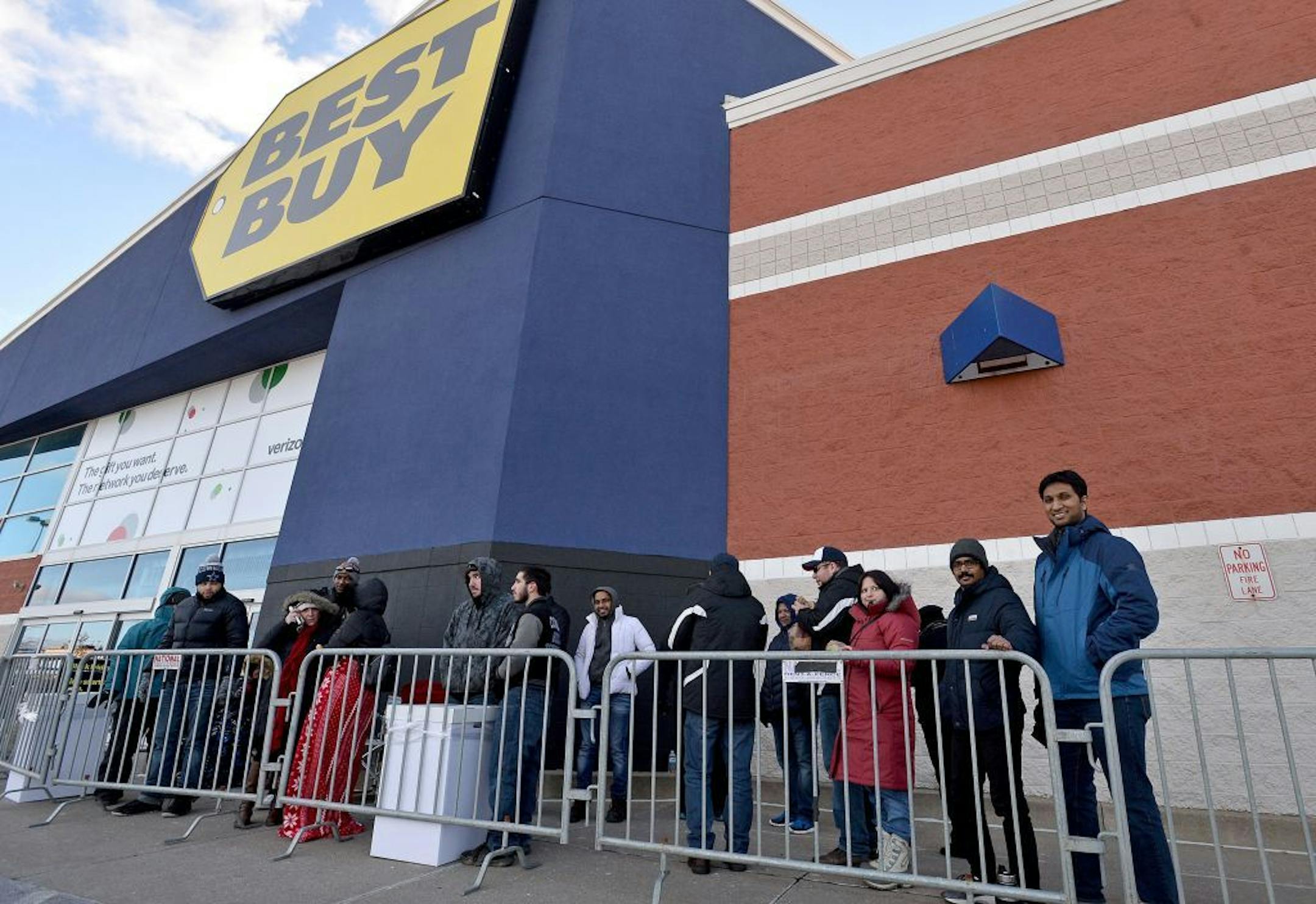 At 3 p.m. on Thanksgiving Day, Nov. 22, 2018, about 20 people waited in line for the 5 p.m. opening of Best Buy on Upper Peach Street in Summit Township, Erie County, Pa. The early shoppers were looking for Black Thursday deals.