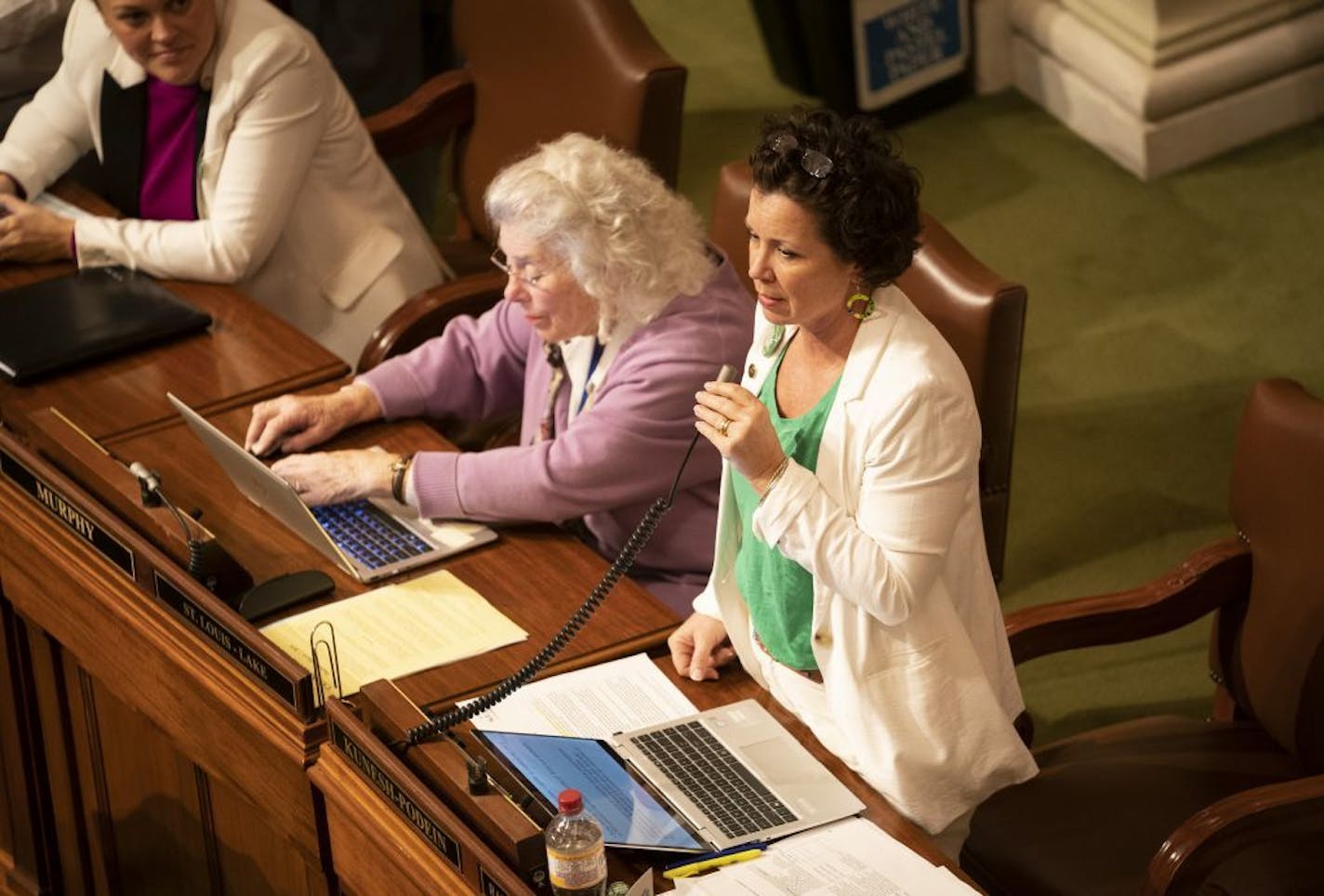 Rep. Mary Kunesh-Podein spoke about her Equal Rights Amendment bill, a measure that will let voters decide whether to alter the state's Constitution to state that people have equal rights regardless of gender, during a discussion at the State Capitol in St. Paul, Minn., on Thursday, March 7, 2019. She and several other people were wearing green in support of the ERA.