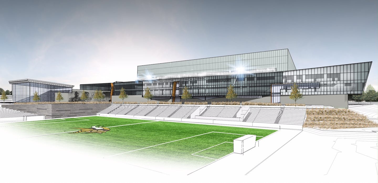 Concept art shows a soccer field at the proposed new Minnesota Vikings headquarters and practice facility in Eagan.