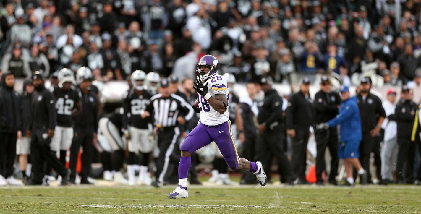 Adrian Peterson&#x2019;s 203-yard rushing performance against the Oakland Raiders on Nov. 15 included an 80-yard touchdown run. It was his longest run of the season.