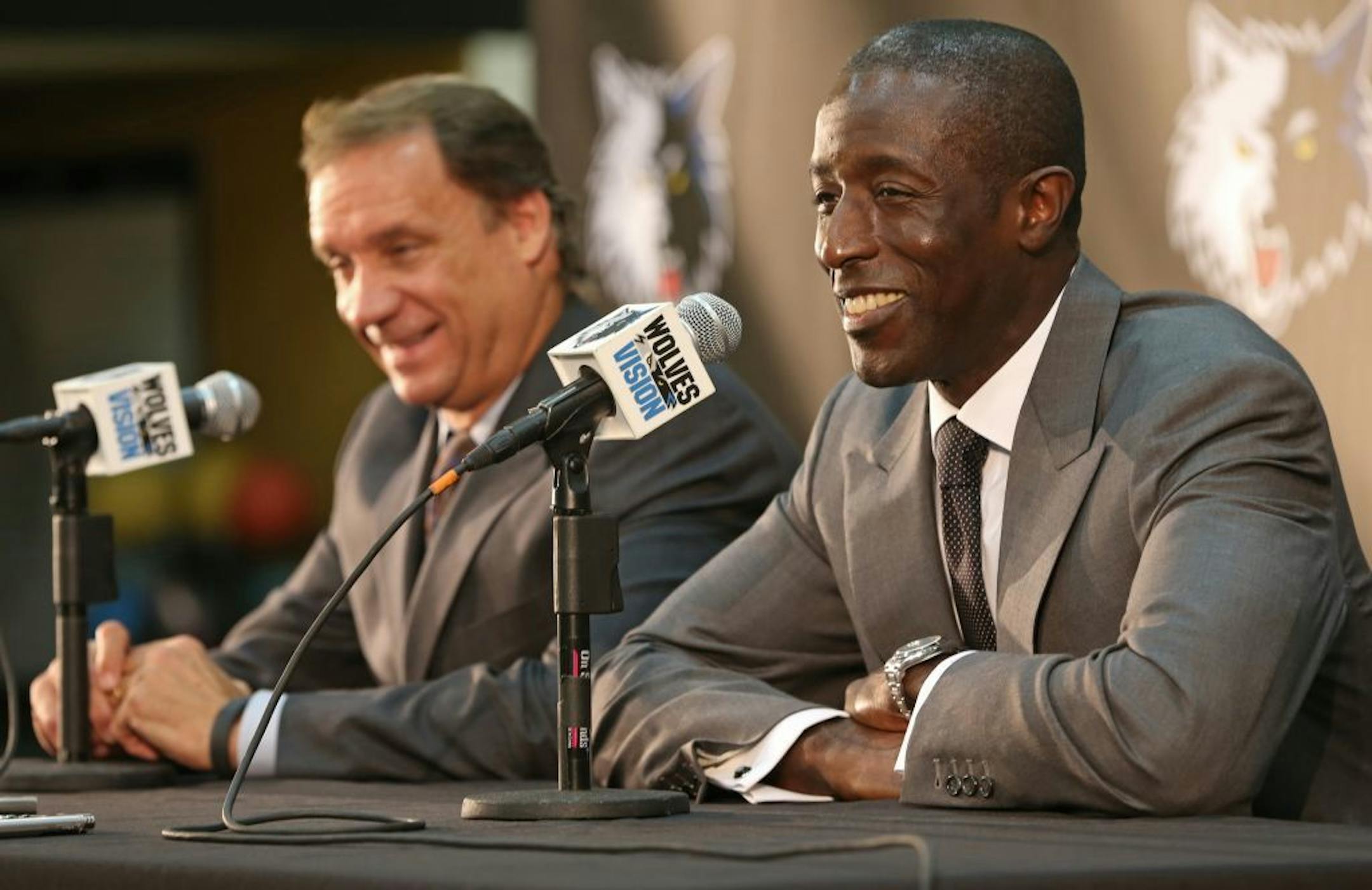 (left to right) Wolves President of Basketball Operations Flip Saunders introduced the Wolves new General Manager Milt Newton during a press conference at the Target Center on 9/10/13.