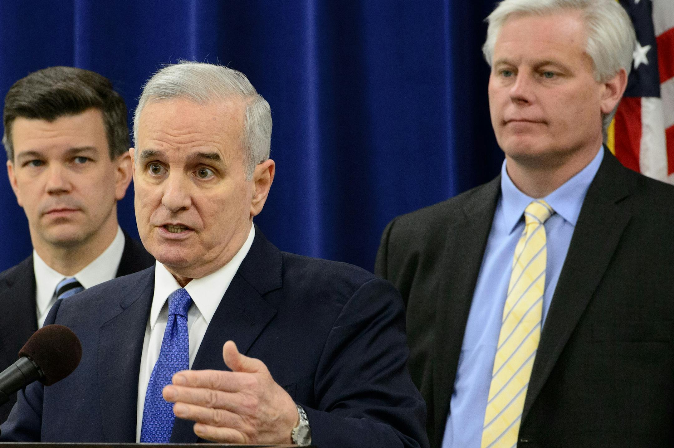 Gov. Mark Dayton, joined key DFL legislators to say that he would veto a budget bill if it includes several provisions he and DFL leaders see as undermining disclosure of special interest spending on elections. ] GLEN STUBBE * gstubbe@startribune.com Monday, May 4, 2015 on the left is Rep. Ryan Winkler, DFL-Golden Valley, on the right, House Minority Leader Paul Thissen.