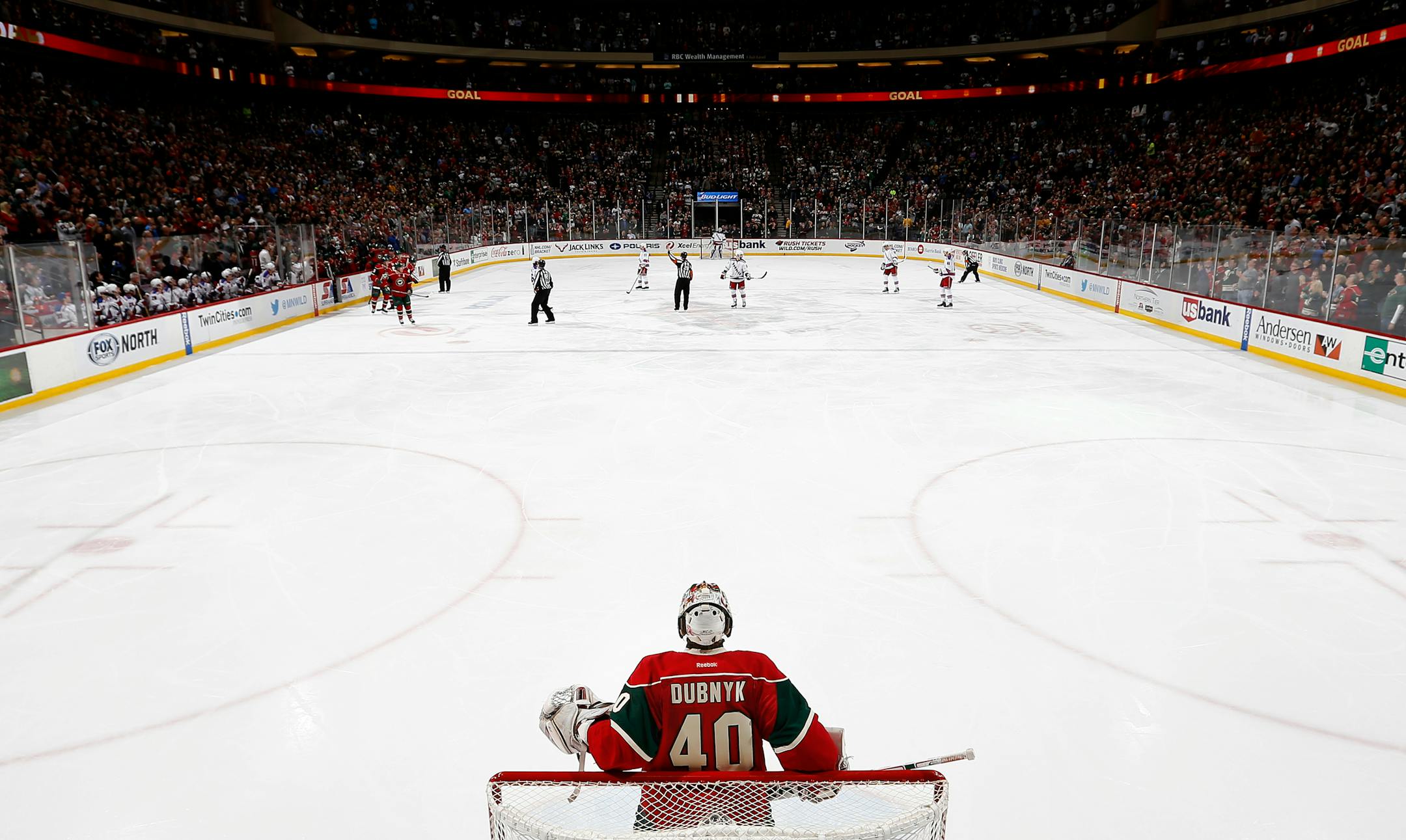 Minnesota Wild goalie Devan Dubnyk faces the New York Rangers at Xcel Energy Center, St. Paul, April 2, 2015.