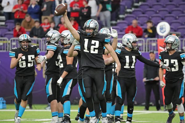 The ball thrust into the air indicated Mahnomen/Waubun quarterback Jon Starkey’s satisfaction in the Class 1A title game in 2018.