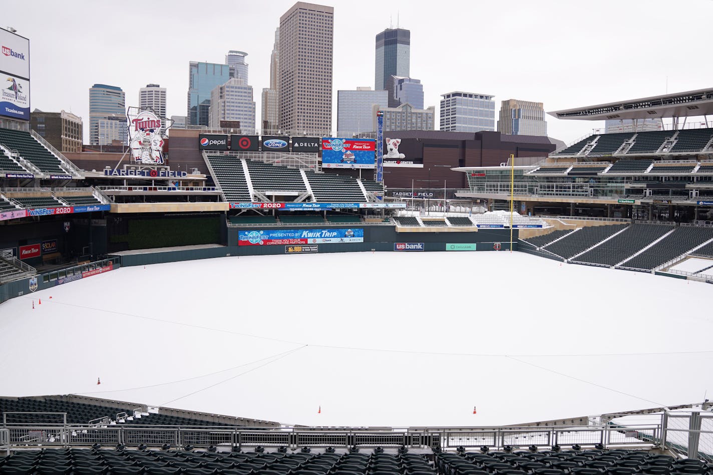 Target Field remained covered with snow in January. With concerns about the spread of the COVID-19 virus delaying or suspending sports seasons, the Twins and other Twin Cities sports franchises and related business will feel the financial impact.