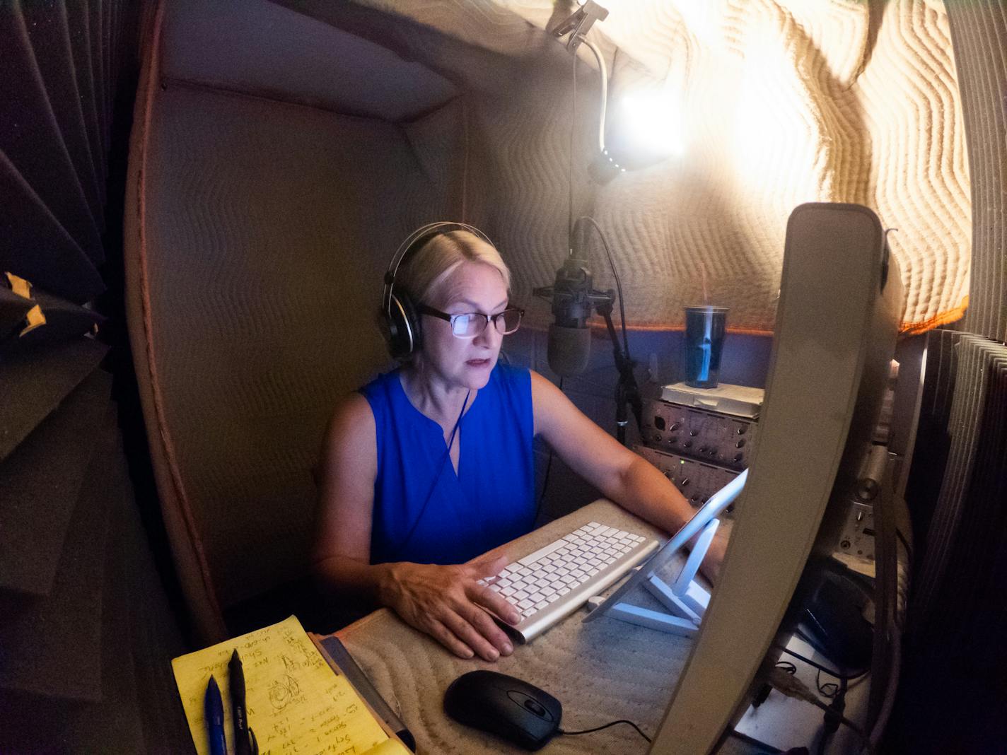 Susan Erickson reads "I Am a Stranger Here Myself" in the basement recording booth she shares with her husband. The audio book will be released simultaneously with the print edition. ] MARK VANCLEAVE &#xa5; Susan Erickson and her husband David Colacci are professional narrators. The couple record hundreds of audio books in the basement of their St. Louis Park home. Photographed Thursday, Jul 18, 2019.