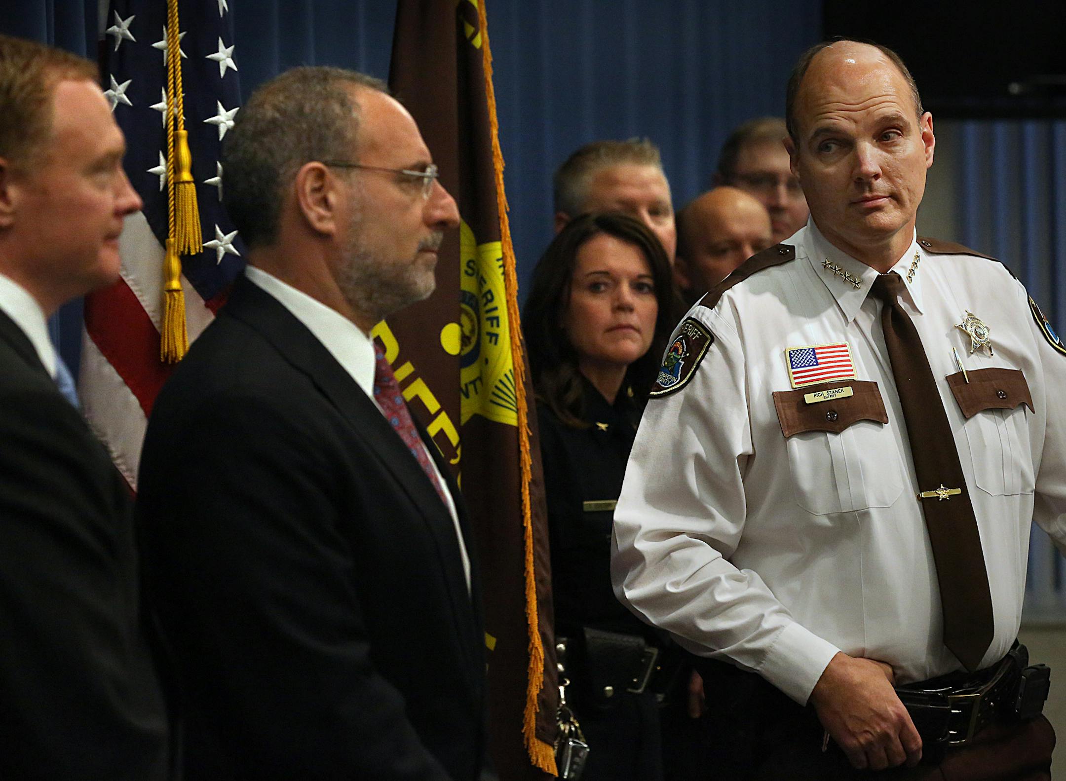 Hennepin County Sheriff Richard Stanek (right), deferred a question to U.S. Attorney Andrew Luger (second from left), as Special Agent in Charge ATF-St. Paul Field Division James Modzelewski (left) looked on. ] JIM GEHRZ ‚Ä¢ james.gehrz@startribune.com / Minneapolis, MN / November 21, 2014 /10:00 A ‚Äì BACKGROUND INFORMATION: The Hennepin County Sheriff‚Äôs Office, U.S. Attorney‚Äôs Office, and the Bureau of Alcohol, Tobacco, Fi