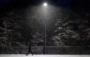 A pedestrian walked by a streetlight on Eden Prairie Road during a snowstorm, Wednesday, February 14, 2024, in Eden Prairie.