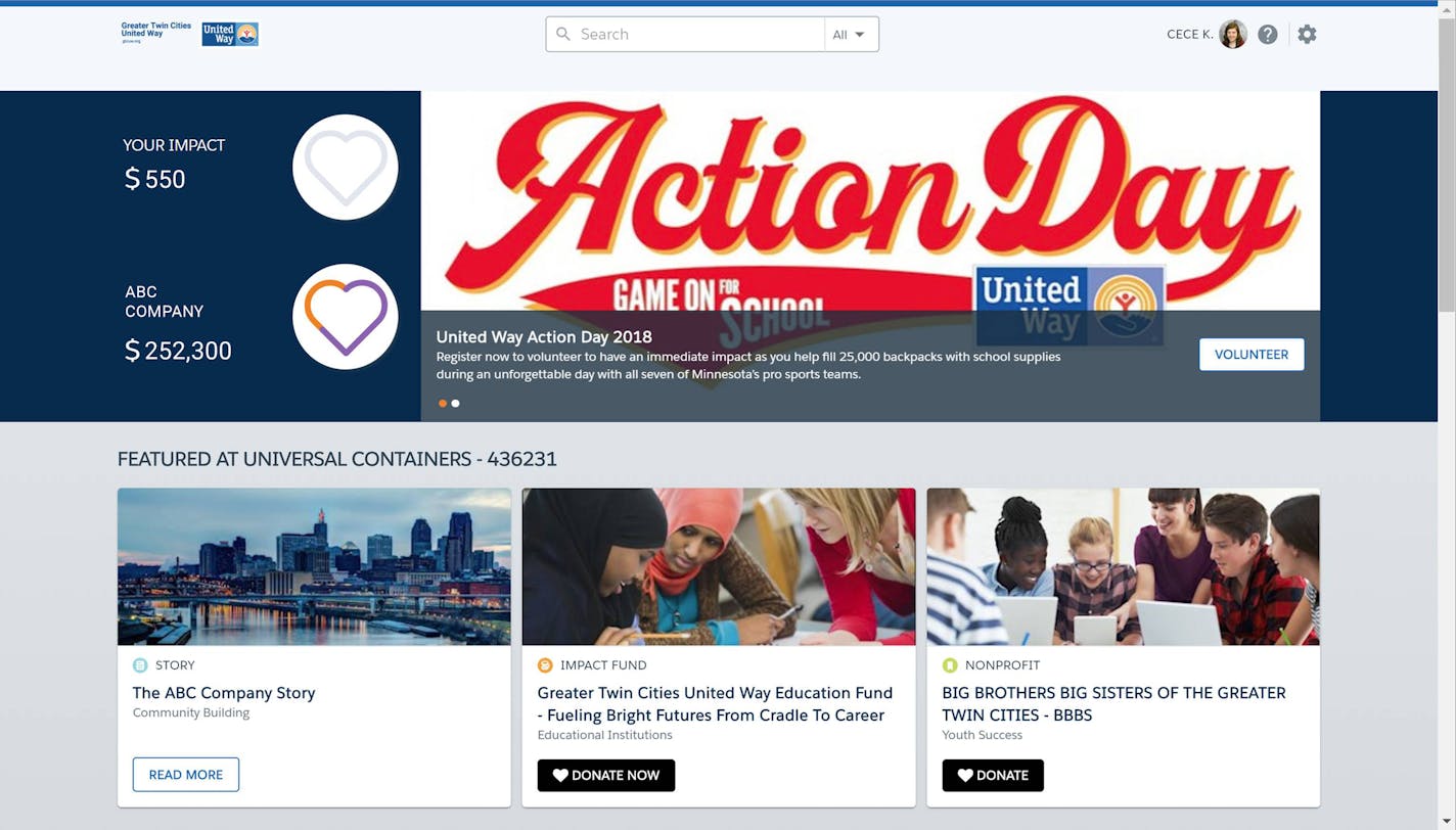 This screenshot shows what United Way's new Salesforce.org Philanthropy Cloud looks like.