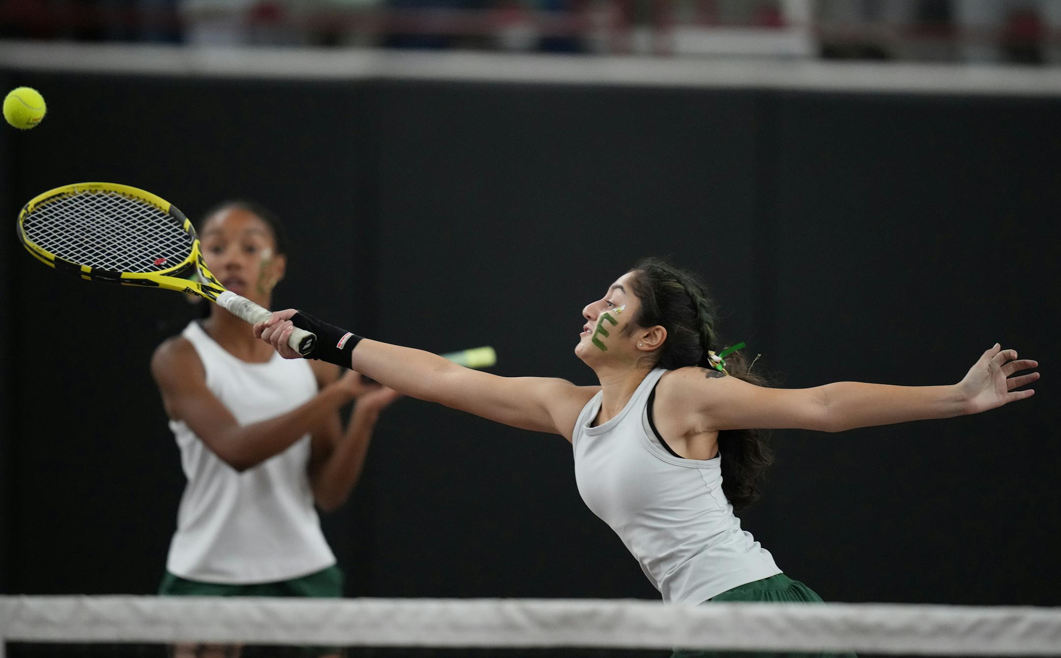 Lauryn Schenck of Edina returns a volley at the Baseline Tennis Center in Minneapolis, Minnesota on Wednesday, Oct. 25, 2023.