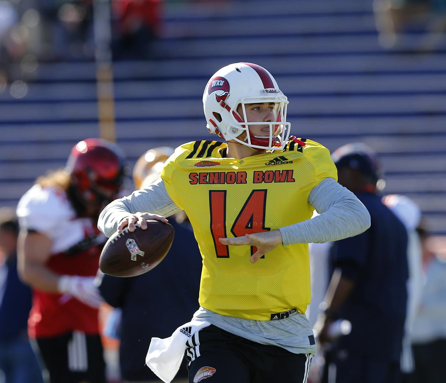 South Squad quarterback Mike White of Western Kentucky in action during the South team's practice for Saturday's Senior Bowl college football game in Mobile, Ala., Tuesday, Jan. 23, 2018. (AP Photo/Brynn Anderson)