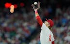 Phillies second baseman Bryson Stott catches a ball during the seventh inning against the Giants on Sunday in Philadelphia.