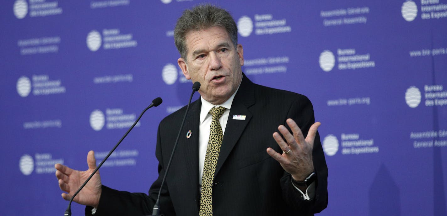 Former secretary of State of Minnesota and President and CEO-USA Expo Mark Ritchie delivers a speech at the 162nd General Assembly of BIE, in Paris, Wednesday, Nov. 15, 2017. The Bureau International des Expositions (BIE) is the intergovernmental organisation in charge of overseeing and regulating World Expos, since 1931. Argentina will host Specialised Expo 2022/23. (AP Photo/Christophe Ena)