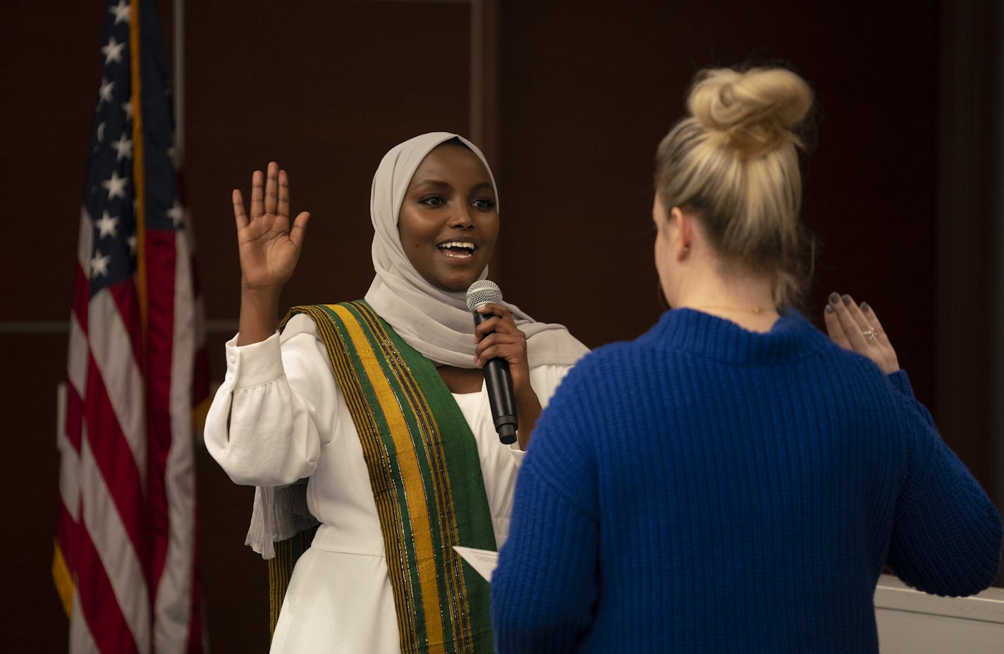 Standing before City Clerk Melissa Kennedy, Nadia Mohamed took the oath of office as the At Large B member of the St. Louis Park City Council Monday night. ] JEFF WHEELER &#x2022; Jeff.Wheeler@startribune.com At the start of their meeting Monday night, January 6, 2020, the St. Louis Park City Council's first Somali-American councilmember, Nadia Mohamed, took the oath of office. Mohamed is also the youngest to ever serve on the council at 23. Mayor Jake Spano and Councilmember Larry Kraft were al