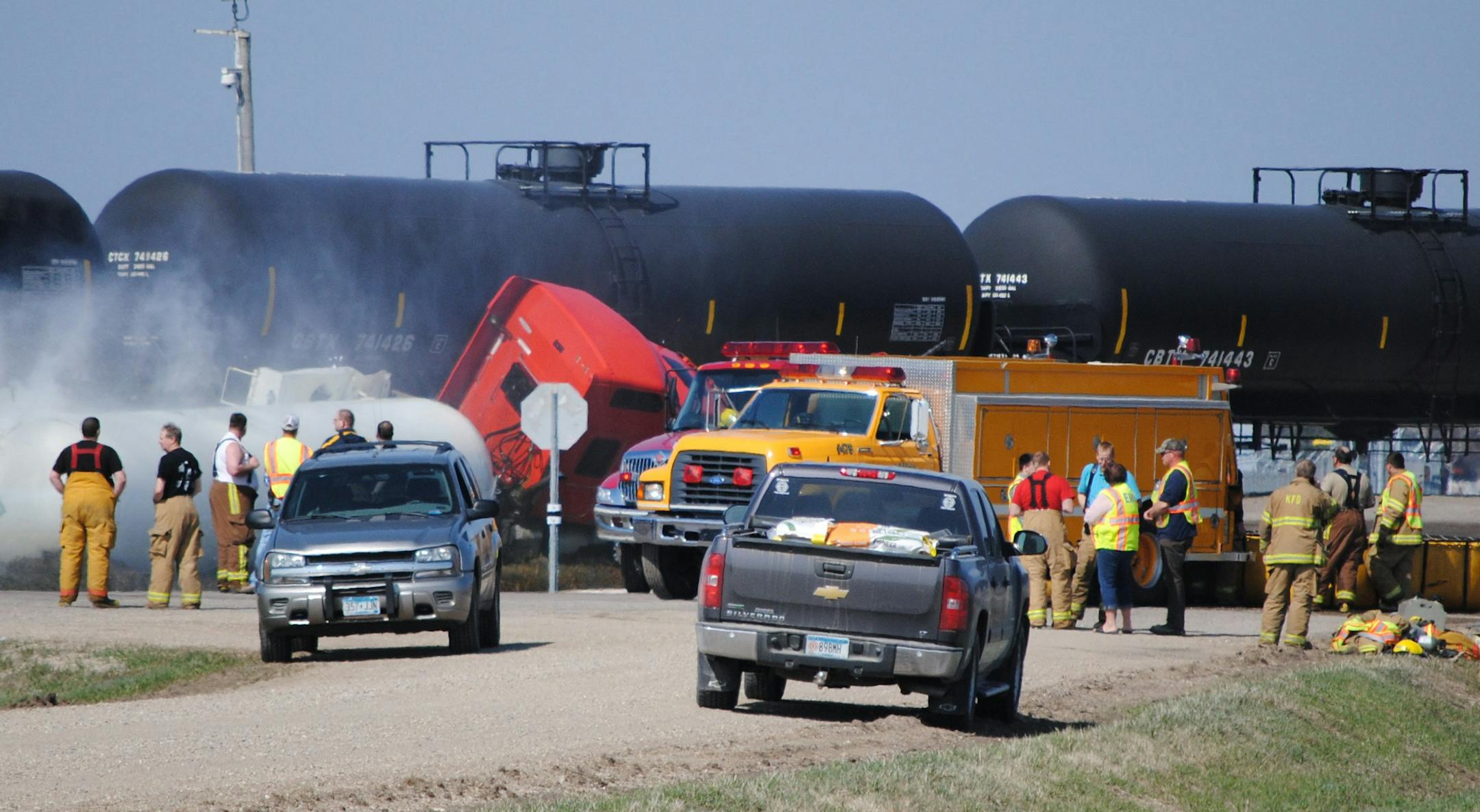 This site near Murdock, Minn., was cited by MnDOT during state legislative testimony about 112 grade crossings along oil train routes that lack signals other than crossbucks. On May 7, 2013, it was the scene of a crash involving an oil train and a semi-tractor trailer carrying anhydrous ammonia. The truck driver was killed and leaking ammonia closed down a school and a highway. But no oil leaked.
MUST CREDIT West Central Tribune photo by Tom Cherveny.