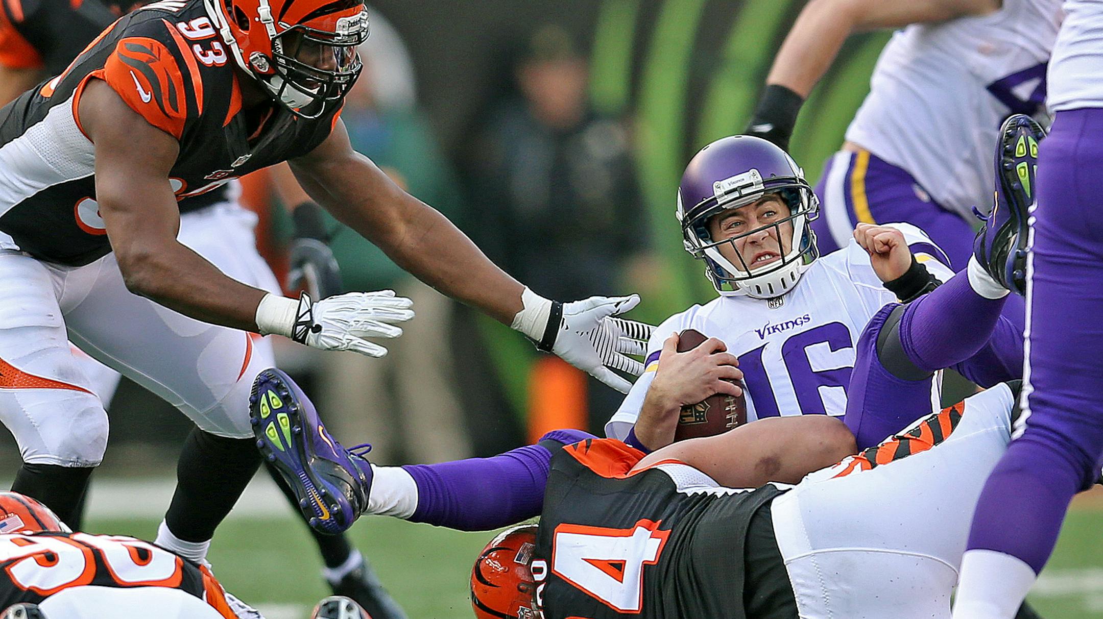 Minnesota Vikings quarterback Matt Cassel (16) was sacked during the fourth quarter as the Minnesota Vikings took on the Cincinnati Bengals at Paul Brown Stadium in Cincinnati, OH, Sunday, December 22, 2013. ELIZABETH FLORES/STAR TRIBUNE) ELIZABETH FLORES • eflores@startribune.com