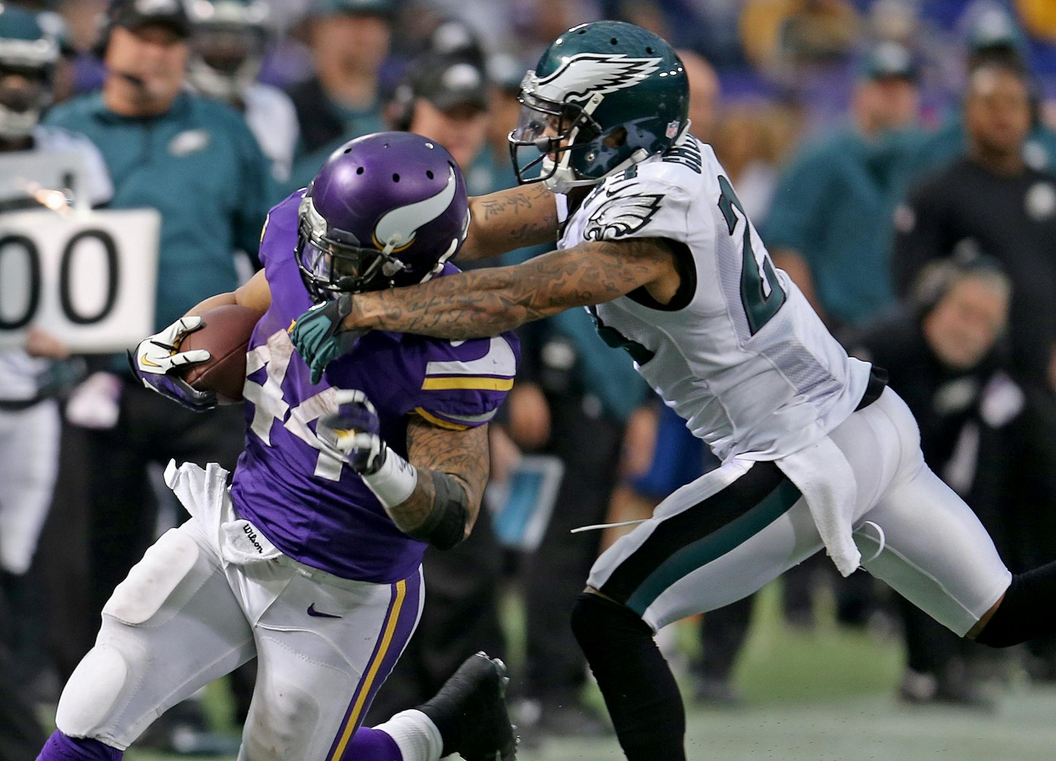Eagles free safety Patrick Chung (23) was called for unnecessary roughness on Vikings running back Matt Asiata (44) during the fourth quarter Sunday.