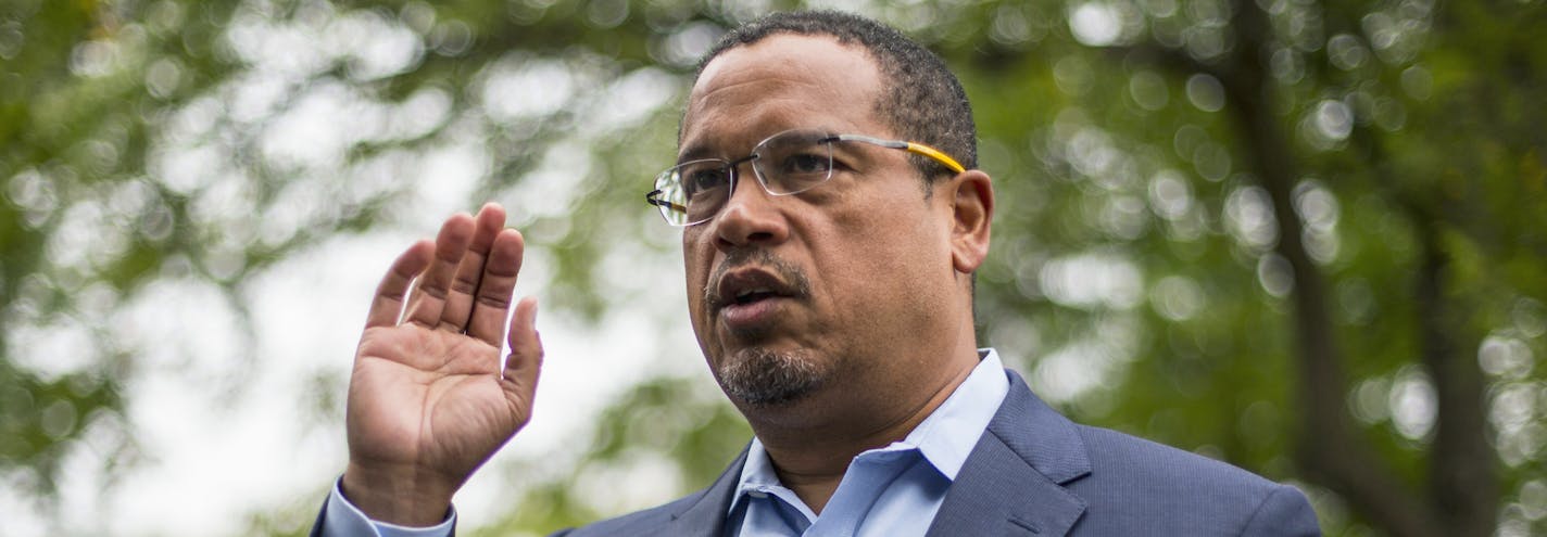 FILE - In this Aug. 17, 2017, file photo, U.S. Rep. Keith Ellison addresses campaign volunteers and supporters in Minneapolis. A lawyer investigating a claim by Ellison's ex-girlfriend, Karen Monahan that she was physically abused by Ellison in 2016 has concluded the allegation is unsubstantiated. The Associated Press on Monday, Oct. 1, 2018, obtained a draft of the report by Susan Ellingstad, an attorney hired by Minnesota's Democratic-Farmer-Labor Party to investigate the allegation. (Alex Kor