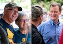 At left, Tim Walz, DFL candidate for governor, posed for a photo with a supporter at the Minnesota State Fair. At right, Jeff Johnson, Republican cand