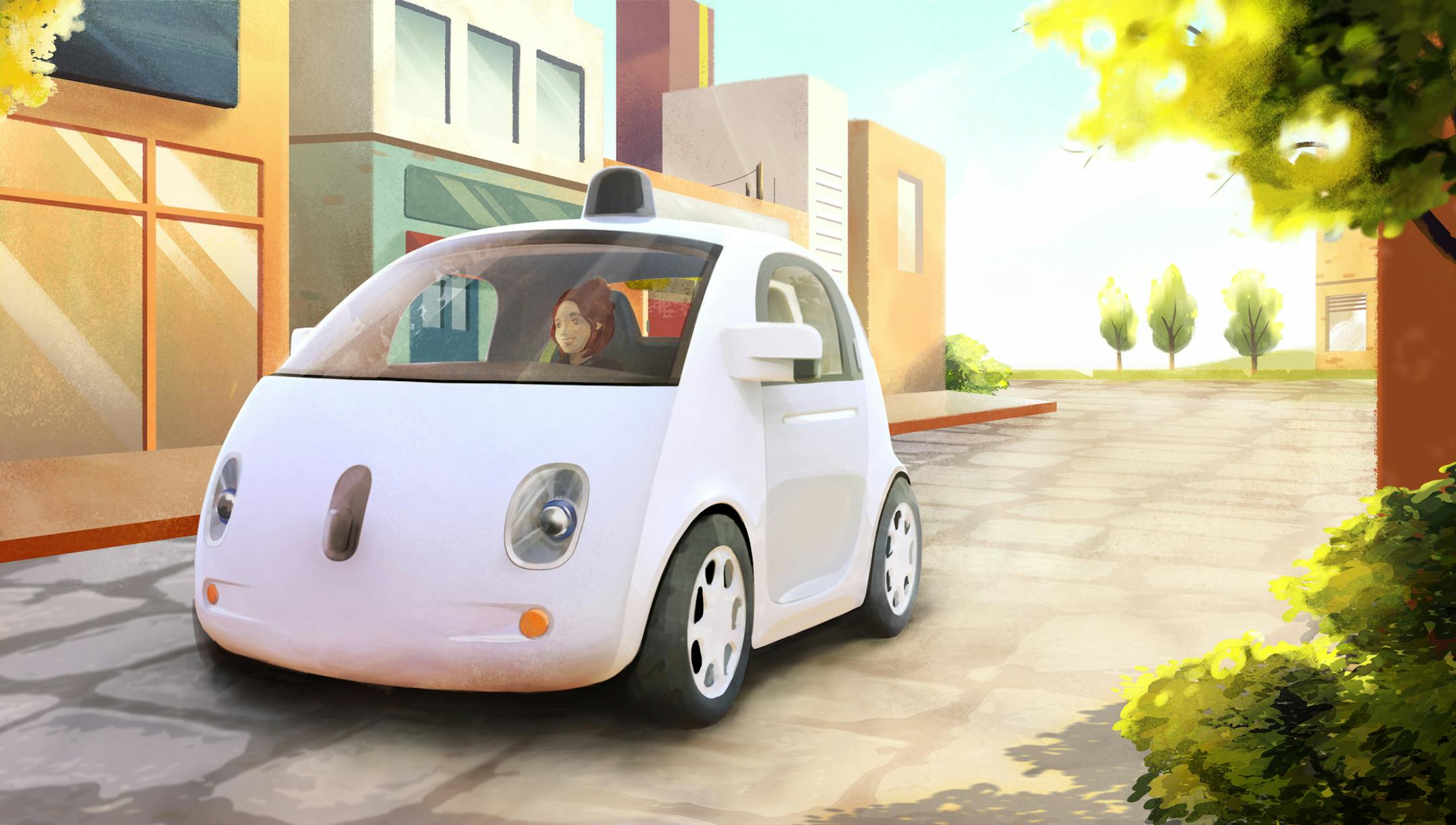 This image provided by Google shows an artistic rendering of the company's self-driving car. The two-seater won't be sold publicly, but Google on Tuesday, May 27, 2014 said it hopes by this time next year, 100 prototypes will be on public roads. (AP Photo/Google)