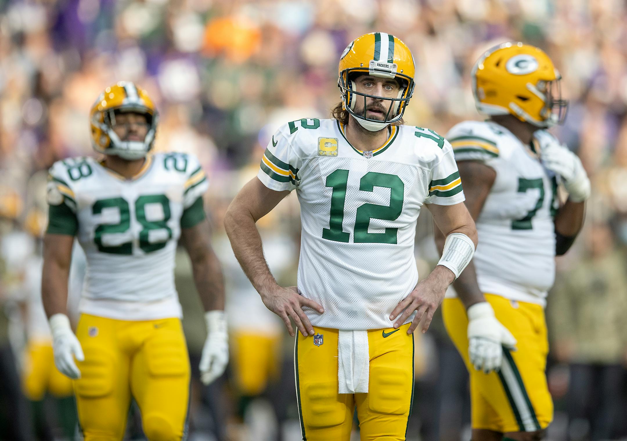 Packers quarterback Aaron Rodgers (12) showed his frustration during the second quarter.