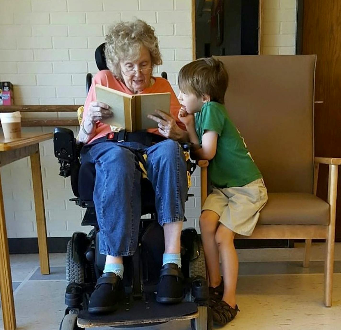 The author's son Eli, at right, visited with his grandmother.