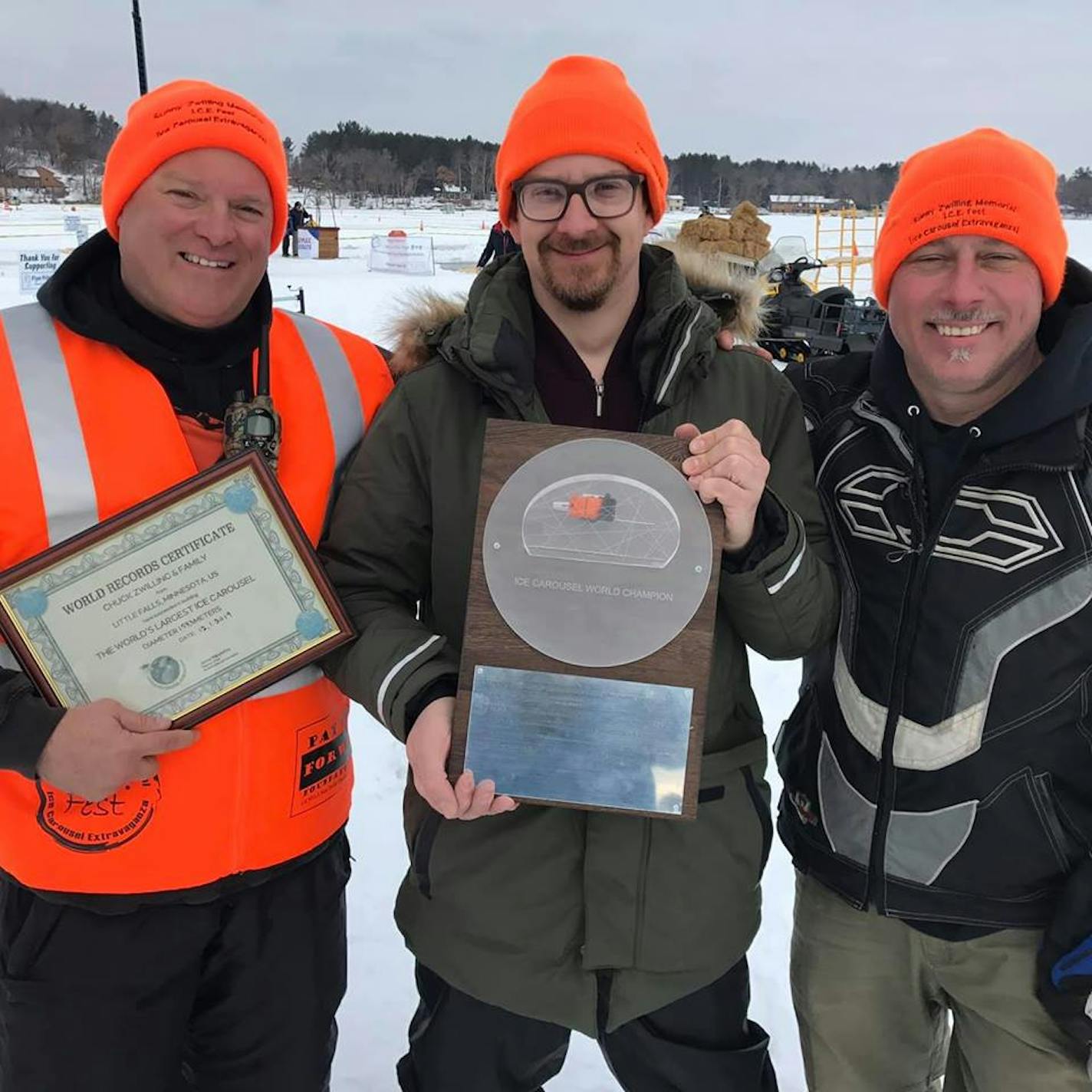 Chuck Zwilling, the subject of the station's award-winning piece, is at left. With him are Janne Kapylehto, middle, from Finland, the CEO of the World Ice Carousel association, and Roger Morneault from Maine on the right.