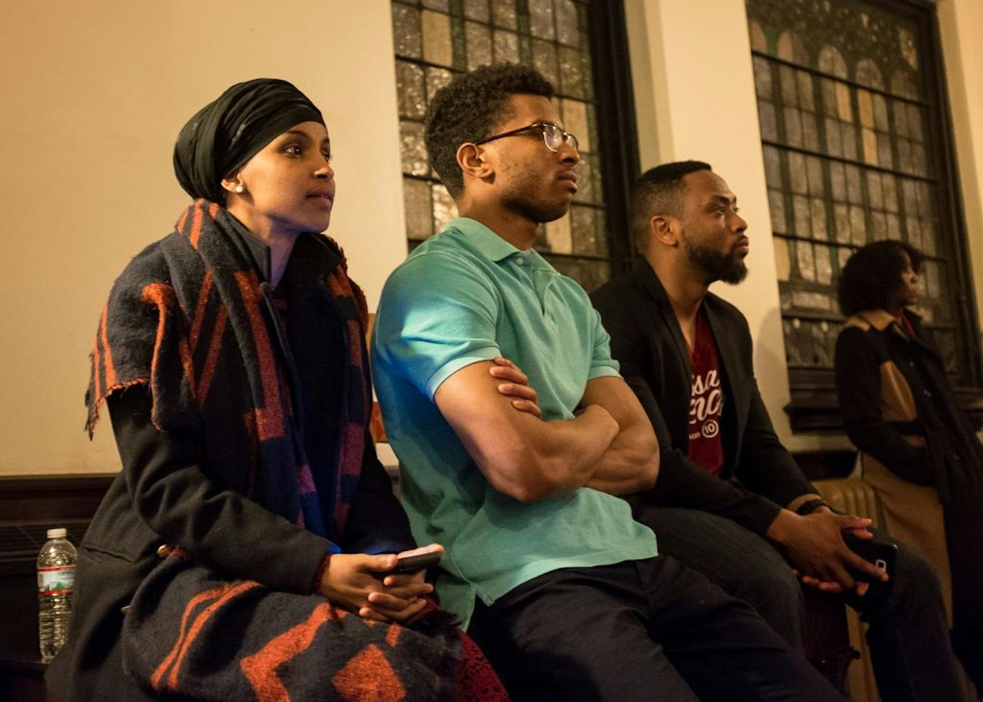 State Rep. Ilhan Omar watched Wednesday night's mayoral forum Wednesday night.