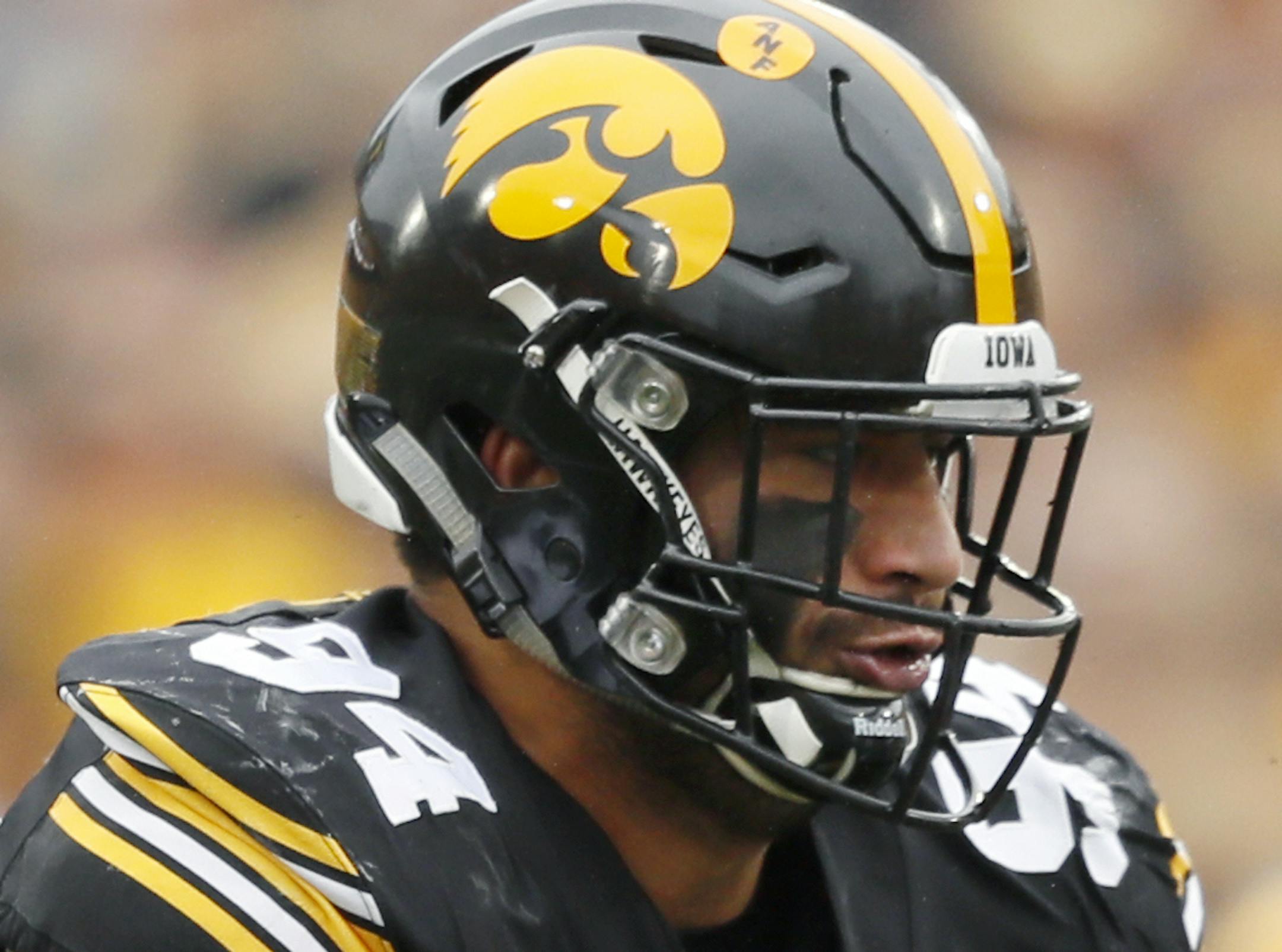 Iowa defensive end A.J. Epenesa runs up field during the first half of an NCAA college football game against Middle Tennessee, Saturday, Sept. 28, 2019, in Iowa City, Iowa. (AP Photo/Charlie Neibergall) ORG XMIT: NYOTK