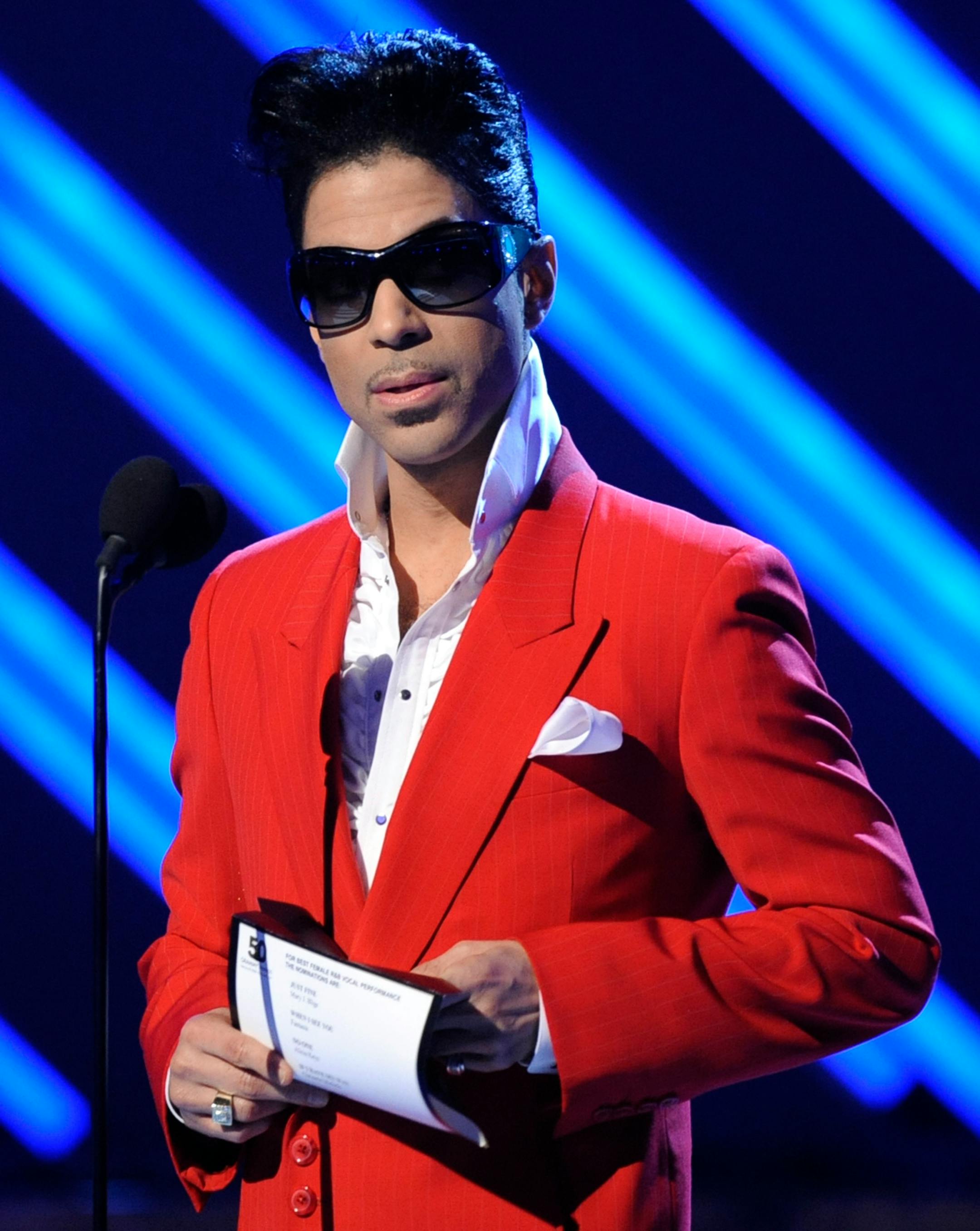 In this Feb. 10, 2008 file photo, Prince appears on stage at the 50th Annual Grammy Awards in Los Angeles.