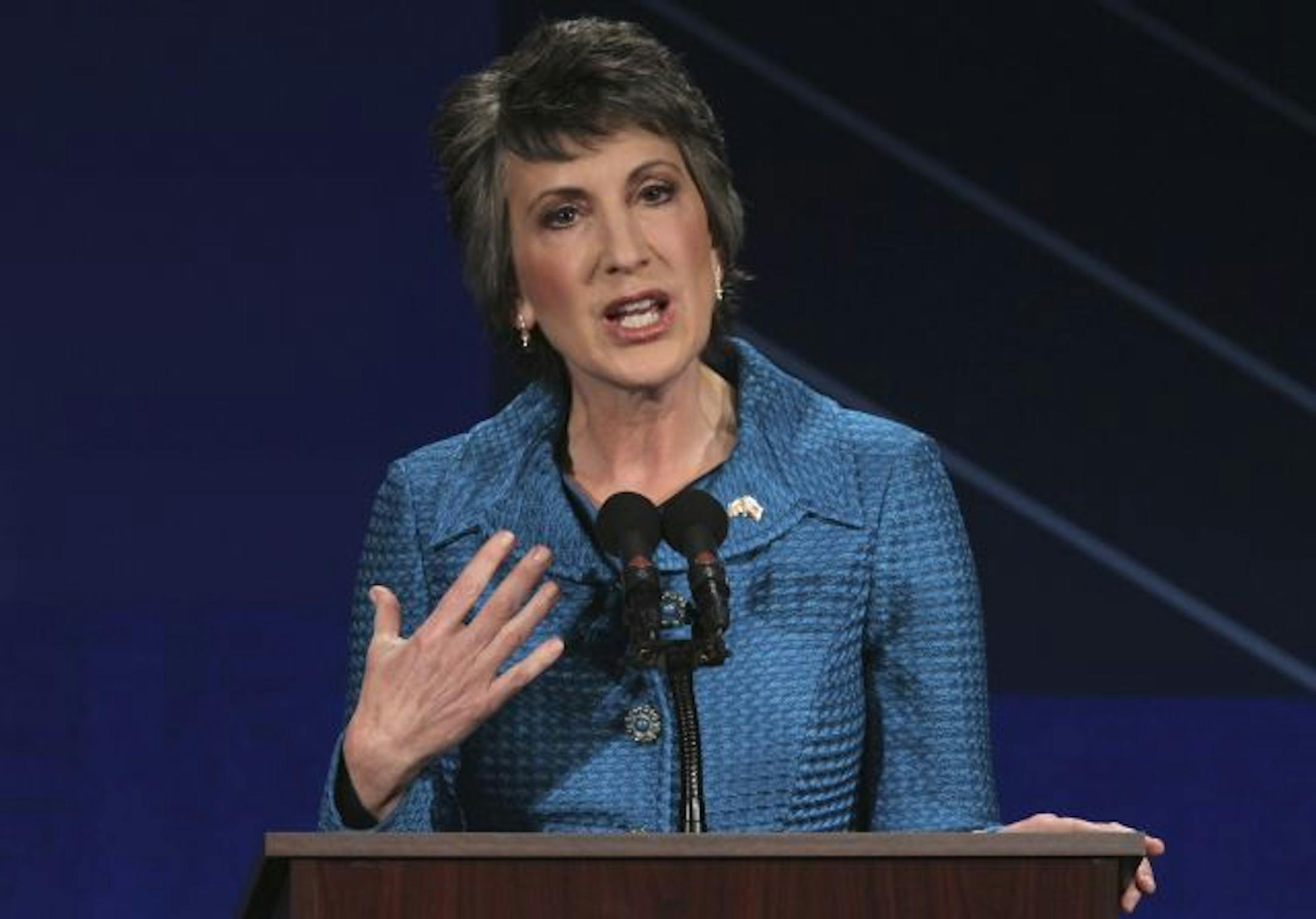 Republican candidate for U.S. Senate Carly Fiorina speaks during a debate with Democratic Sen. Barbara Boxer on the campus of Saint Mary's College Wednesday, Sept. 1, 2010 in Moraga, Calif.