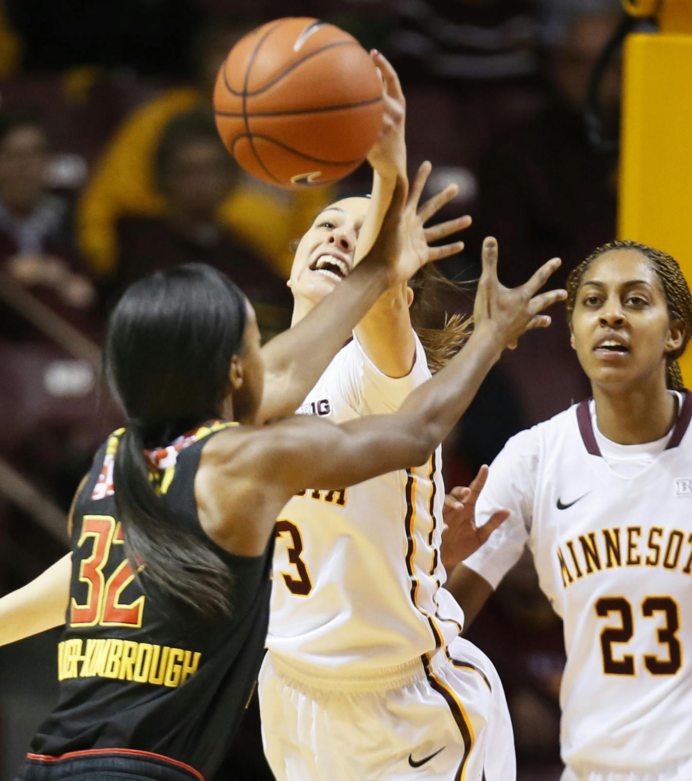 Minnesota Golden Gophers guard Shayne Mullaney (3) tipped the ball away from Maryland guard Shatori Walker-Kimbrough (32)Sunday at Williams arena January 11, 2015 Minneapolis, MN. Maryland beat Minnesota 77-73 in Big Ten action Sunday at Williams Arena.] Jerry Holt/ Jerry.Holt@Startribune.com