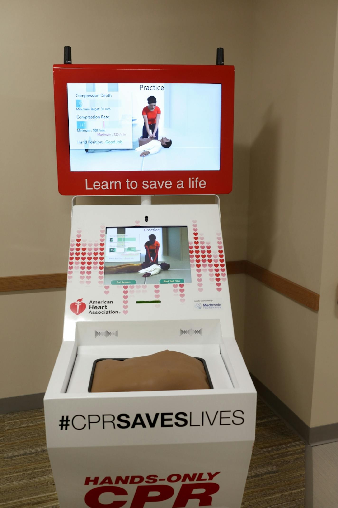 HCMC unveiled a new self-teaching CPR console at its new outpatient facility -- hoping to arm more people with the skills that can save someone in cardiac arrest. This photo shows the device with the display screen to demo and train people.