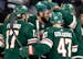 Jordan Greenway (18) of the Minnesota Wild celebrates with teammates after scoring in the second period.