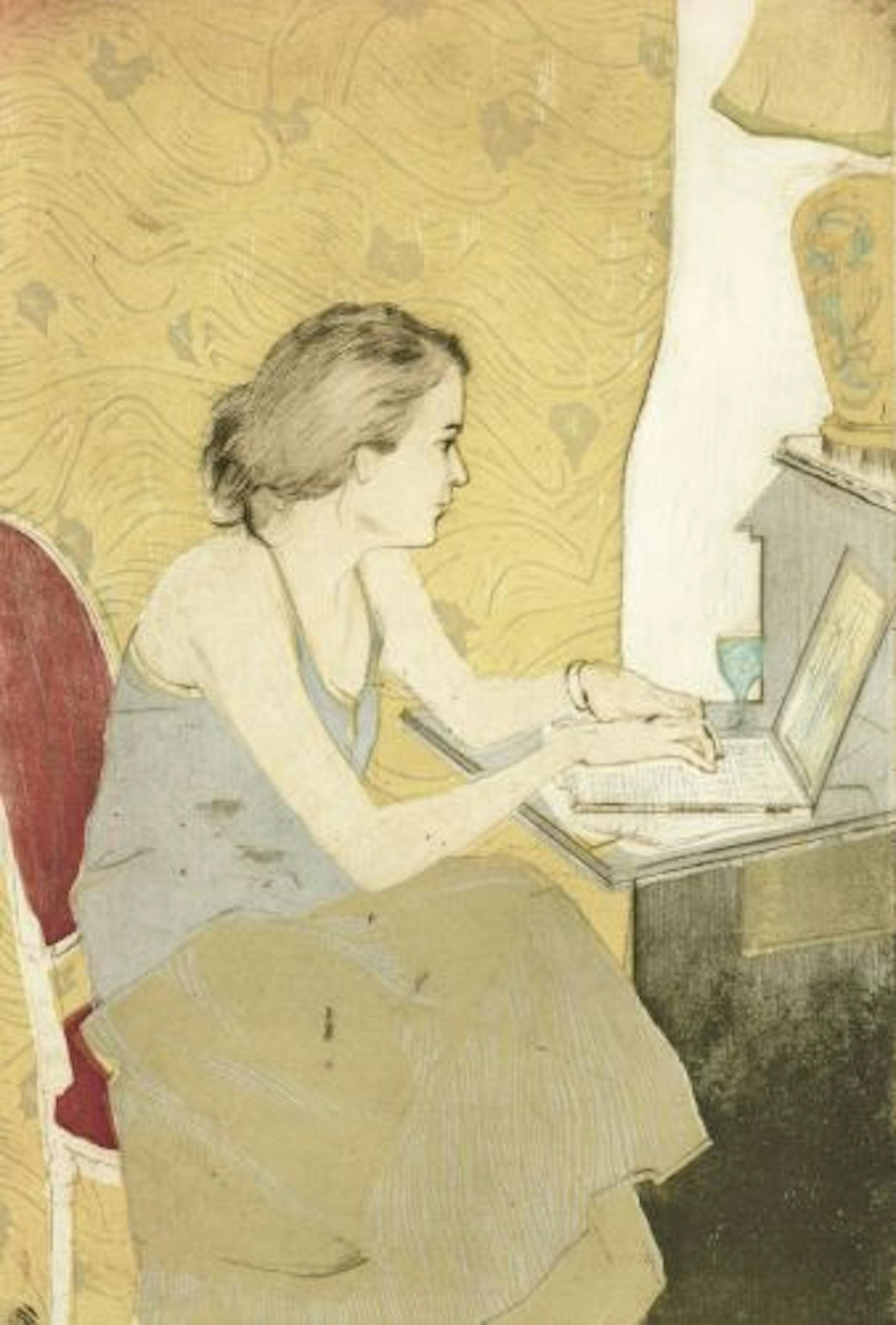 "Elizabeth at her Laptop" by Ellen Heck at Groveland Gallery.