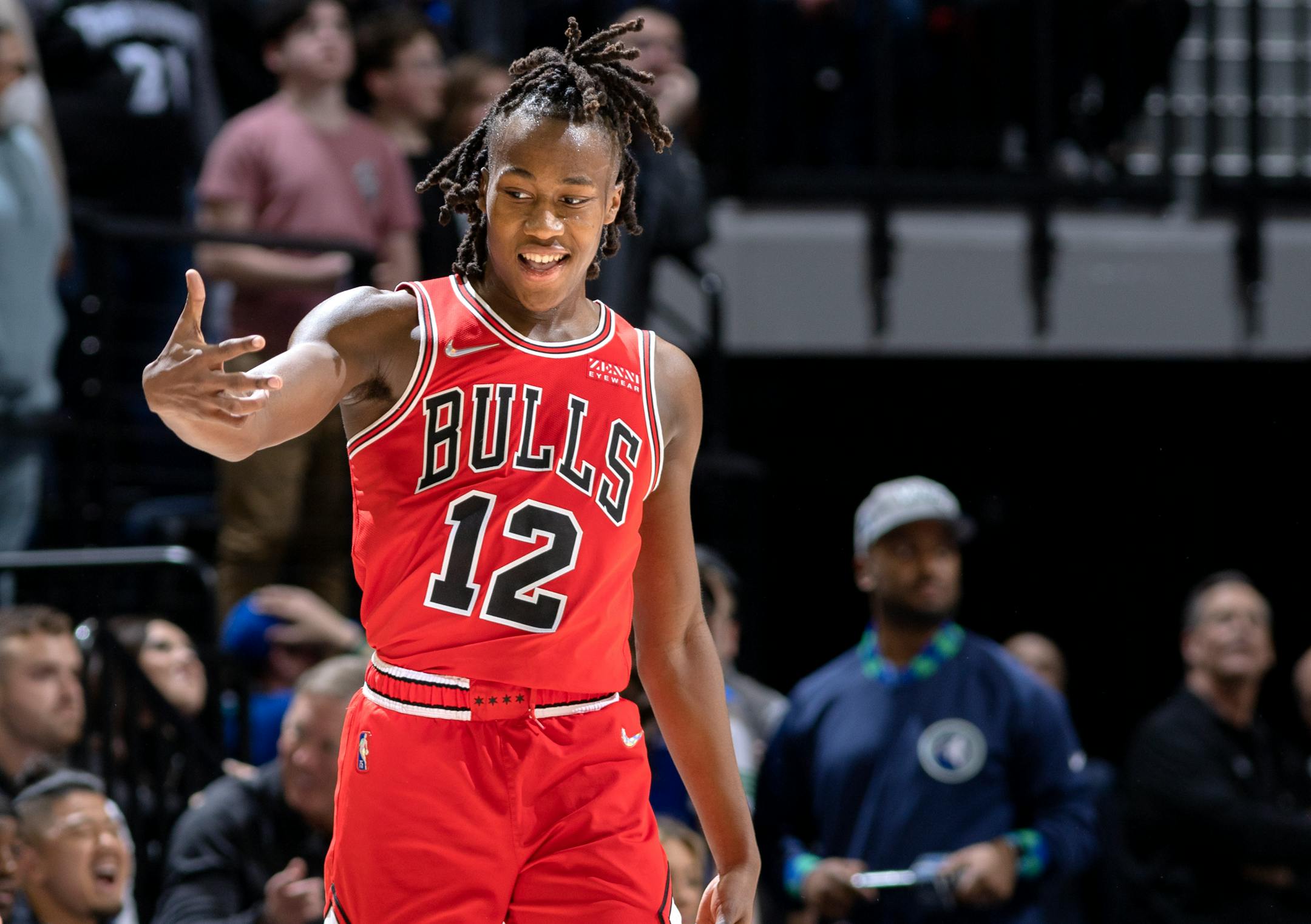 Ayo Dosunmu (12) of the Chicago Bulls celebrates after a three pointer late in the fourth quarter quarter.