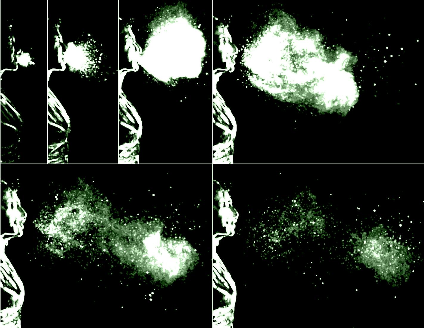 Cover your mouth: These images of a sneeze, captured on video by MIT researchers, show the evolution of a turbulent puff cloud that suspends droplets in the air after they&#x2019;ve been ejected from the body during a sneeze. Researchers say the spray can travel more than 20 feet. Watch the video at startribune.com/variety.