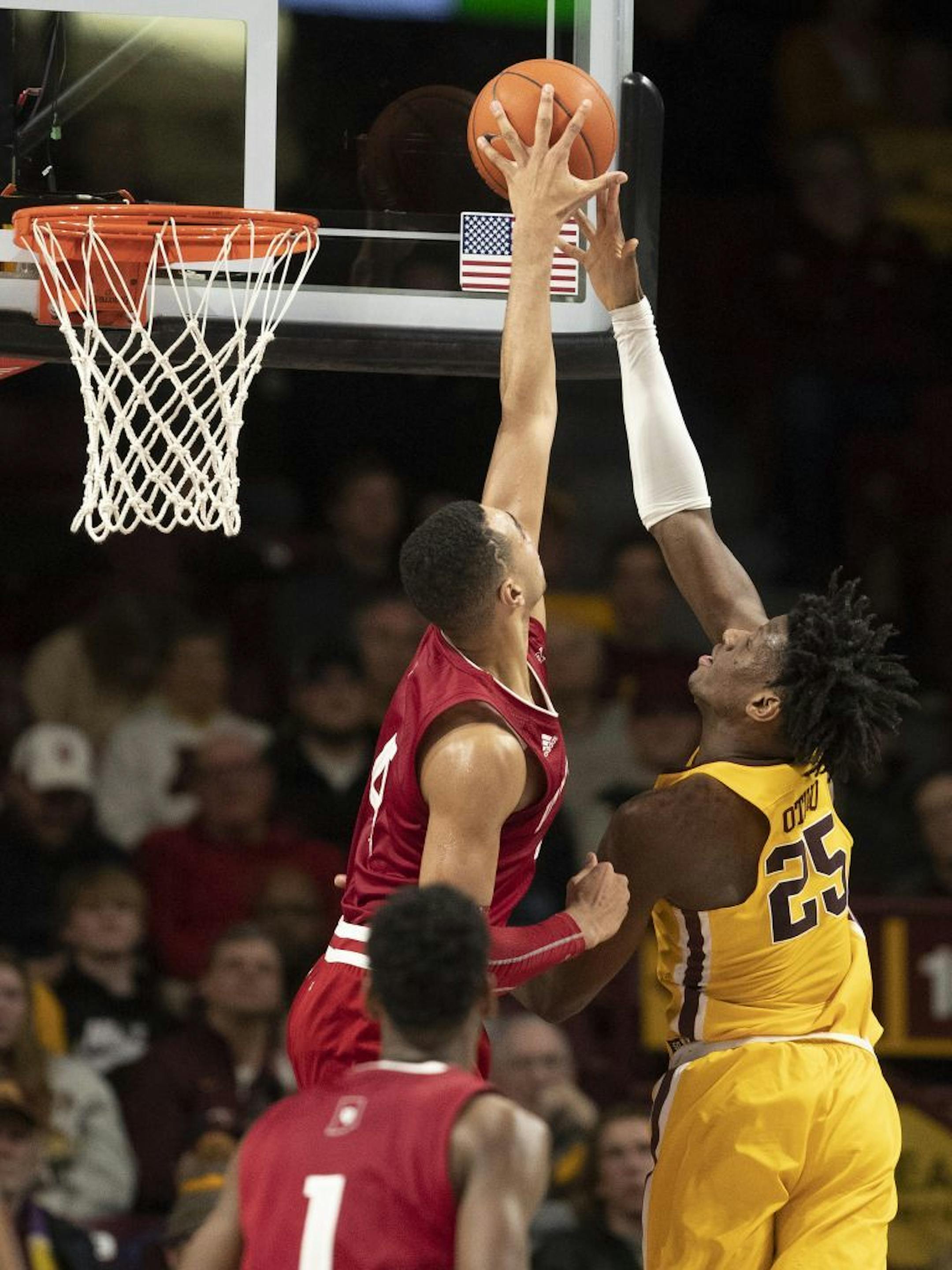 Indiana Hoosiers forward Trayce Jackson-Davis (4) blocked Minnesota Gophers center Daniel Oturu (25) shot in the second half.
