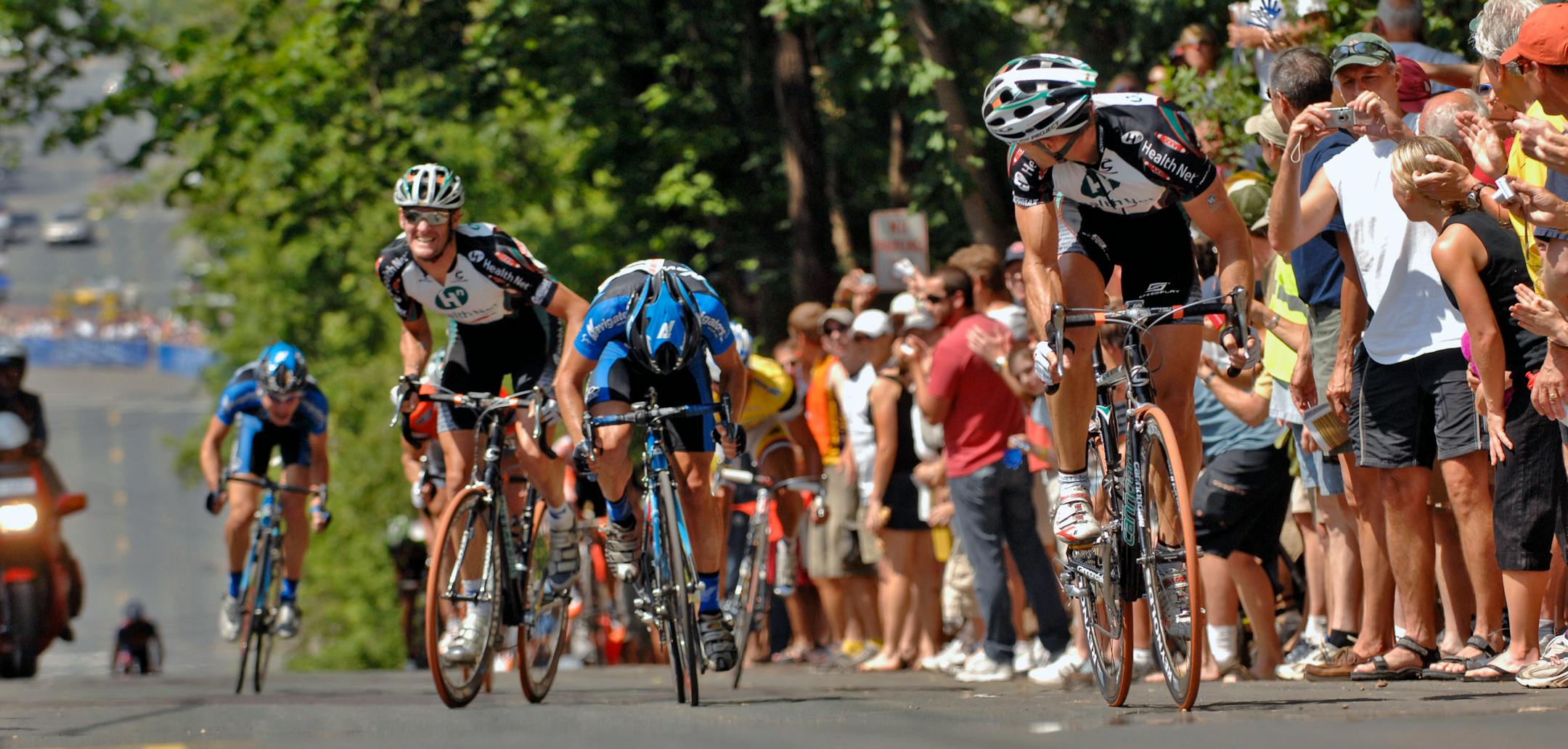 Frank Pipp looked back at teammate Rory Sutherland last June just as Pipp was about to cross the finish line after pedaling up the "lung-busting" 2nd Street hill in downtown Stillwater during the Nature Valley Grand Prix bicycle race.