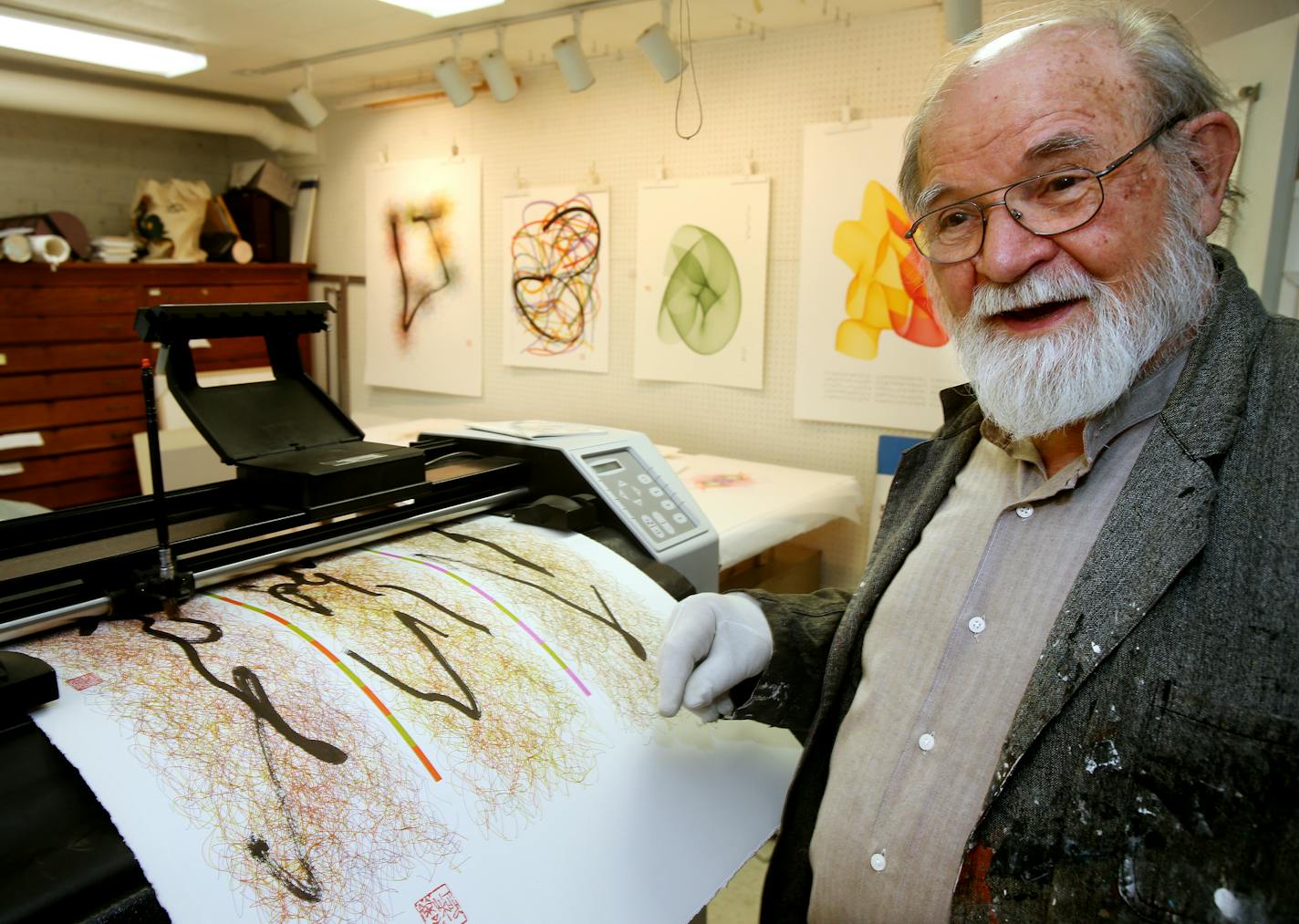 Former Benedictine priest and MCAD professor Roman Verostko, 84, writes algorithmic code to program the machines that produce his abstract drawings.