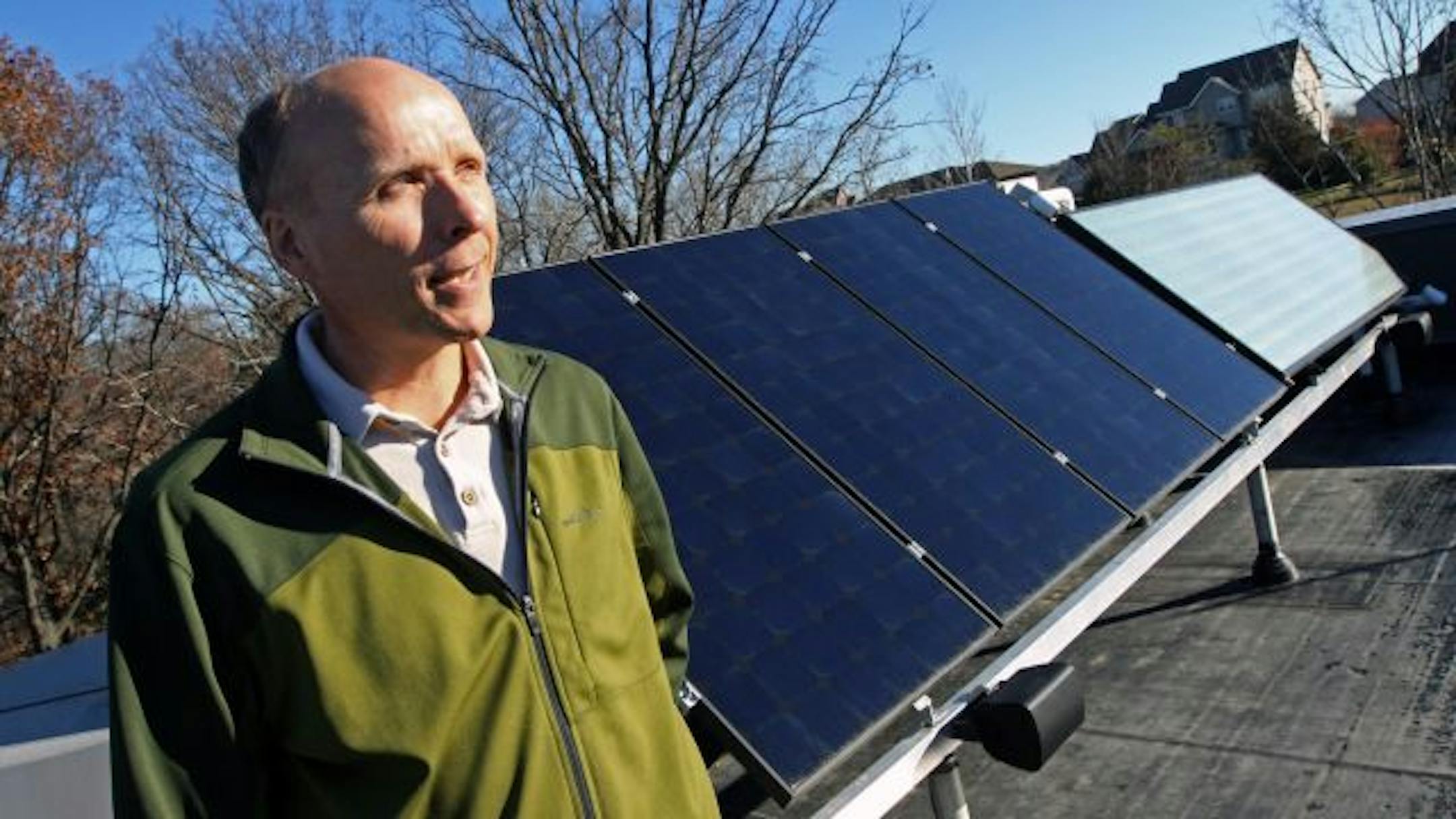 A large solar array on the roof of Dr. Gary Konkol's passive solar house.